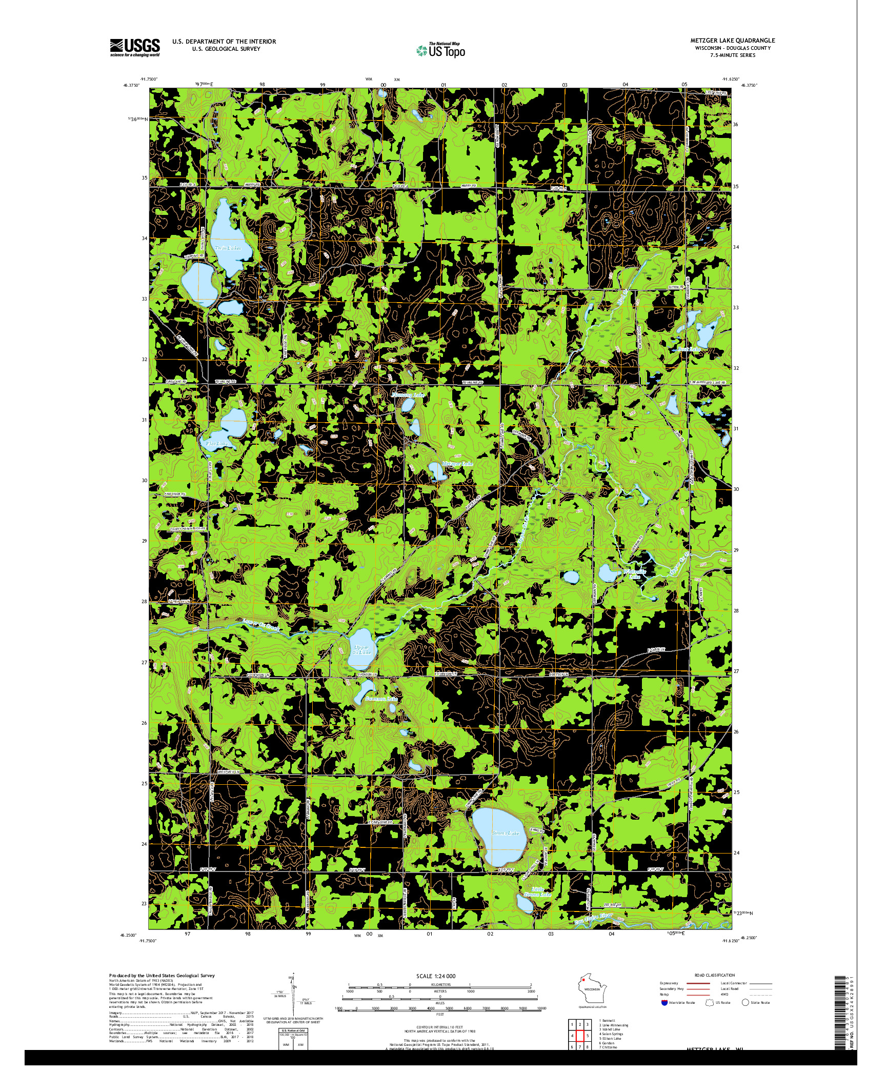 USGS US TOPO 7.5-MINUTE MAP FOR METZGER LAKE, WI 2018