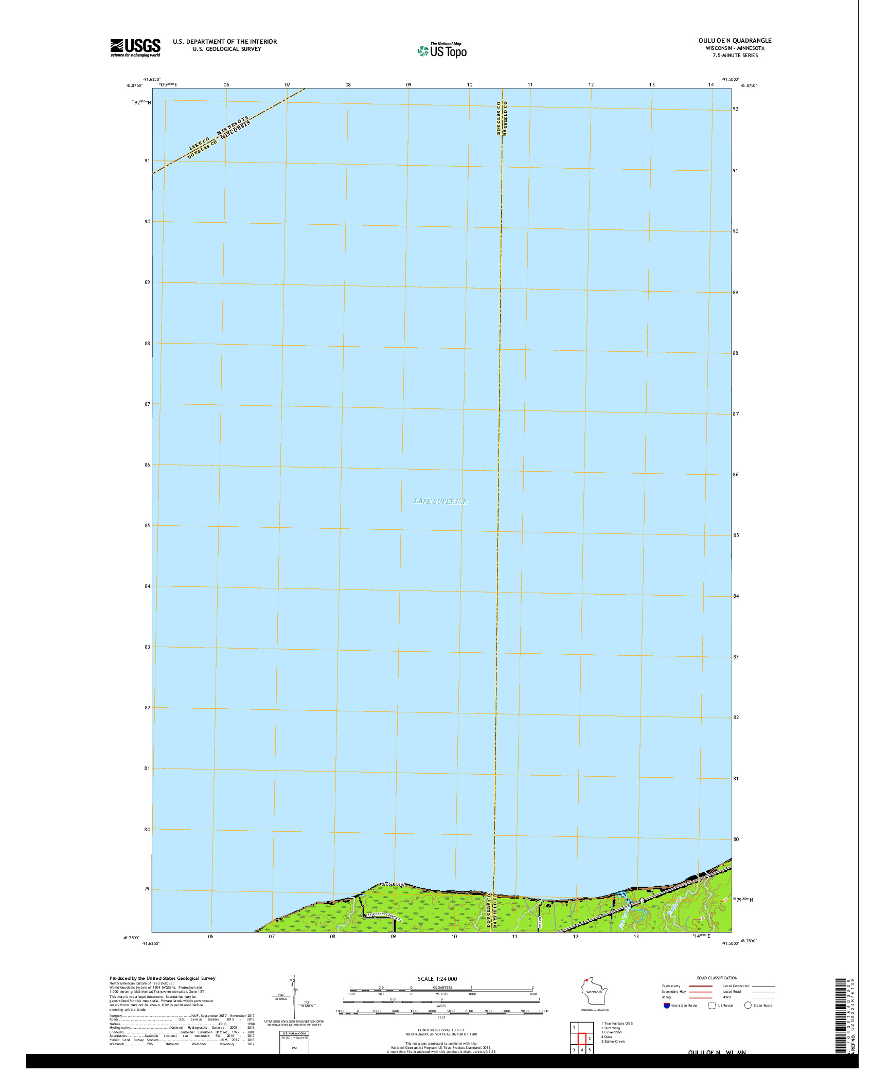 USGS US TOPO 7.5-MINUTE MAP FOR OULU OE N, WI,MN 2018