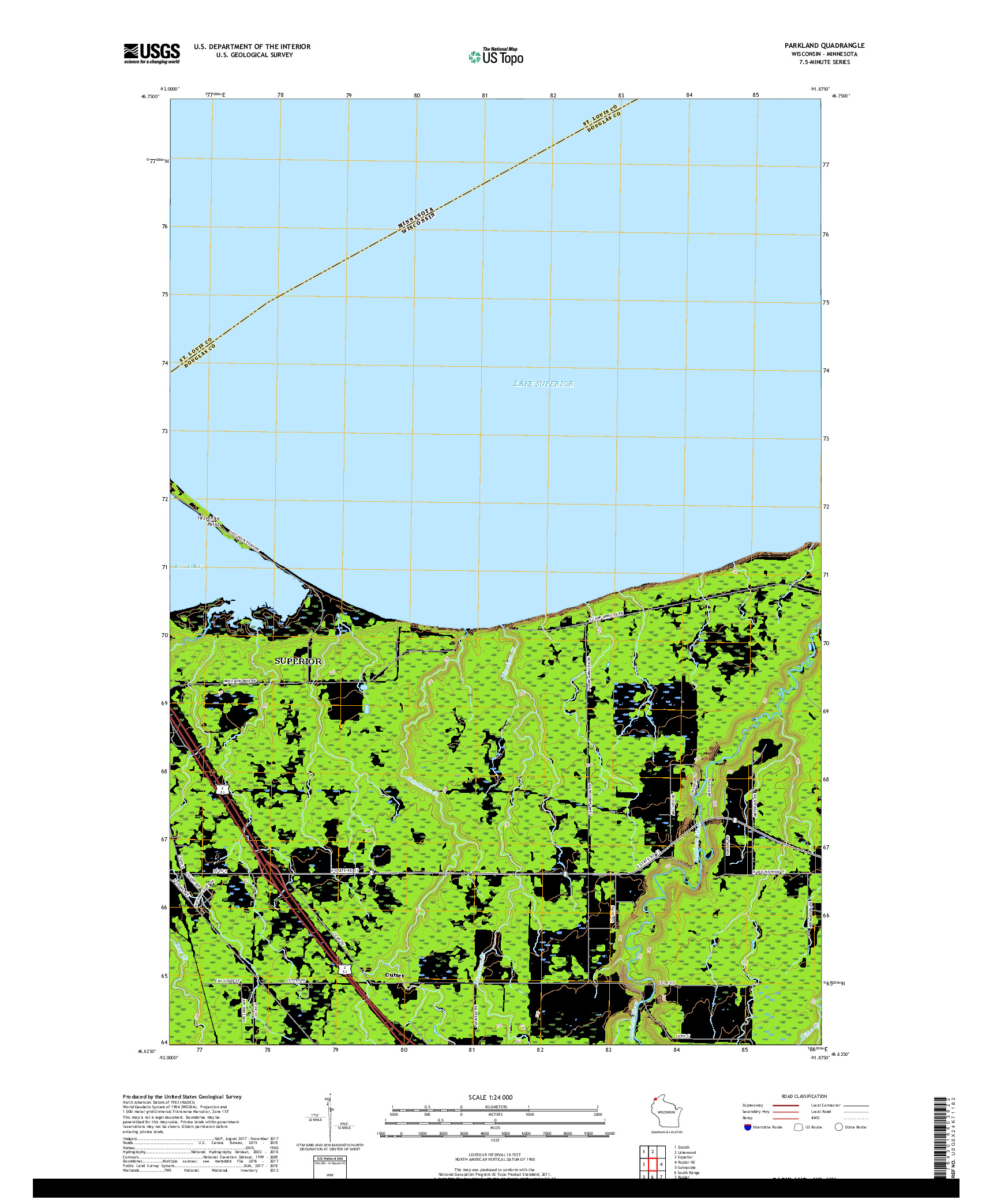 USGS US TOPO 7.5-MINUTE MAP FOR PARKLAND, WI,MN 2018