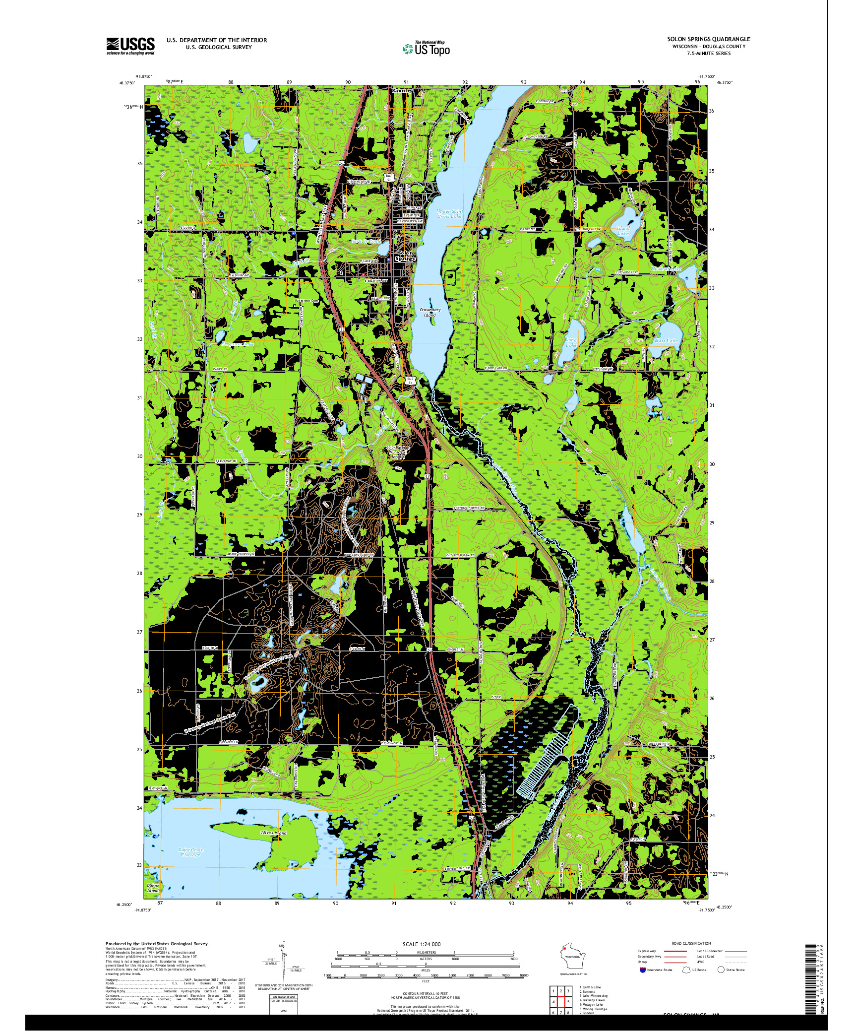 USGS US TOPO 7.5-MINUTE MAP FOR SOLON SPRINGS, WI 2018