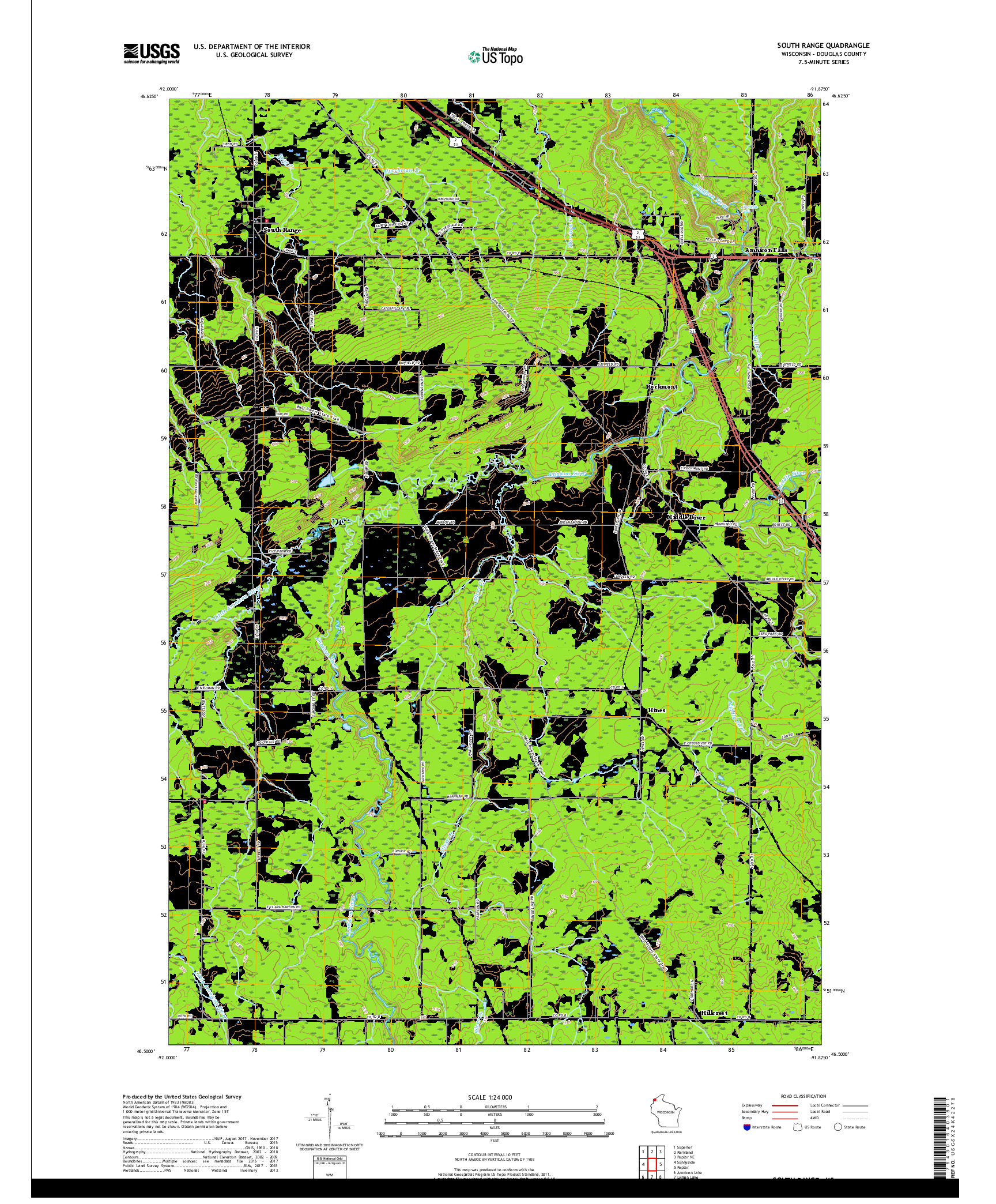 USGS US TOPO 7.5-MINUTE MAP FOR SOUTH RANGE, WI 2018