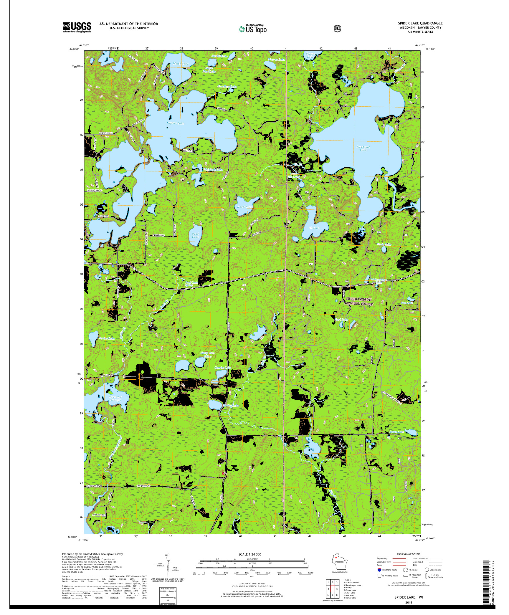 USGS US TOPO 7.5-MINUTE MAP FOR SPIDER LAKE, WI 2018
