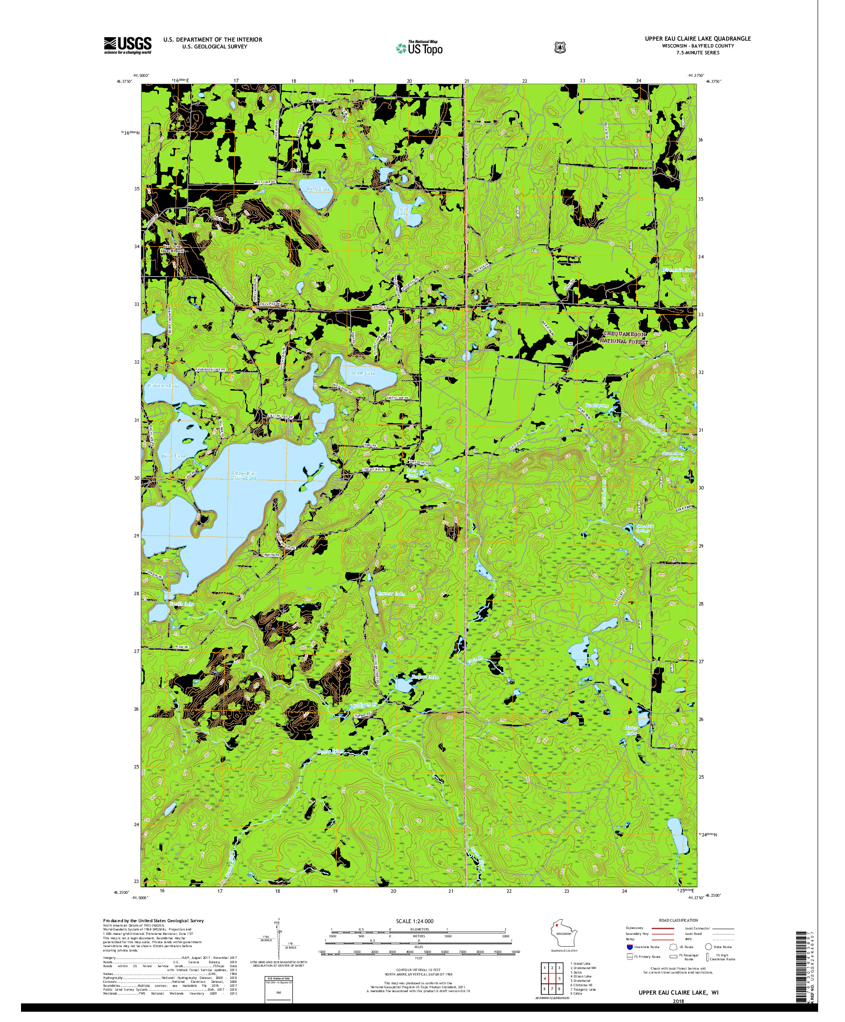 USGS US TOPO 7.5-MINUTE MAP FOR UPPER EAU CLAIRE LAKE, WI 2018