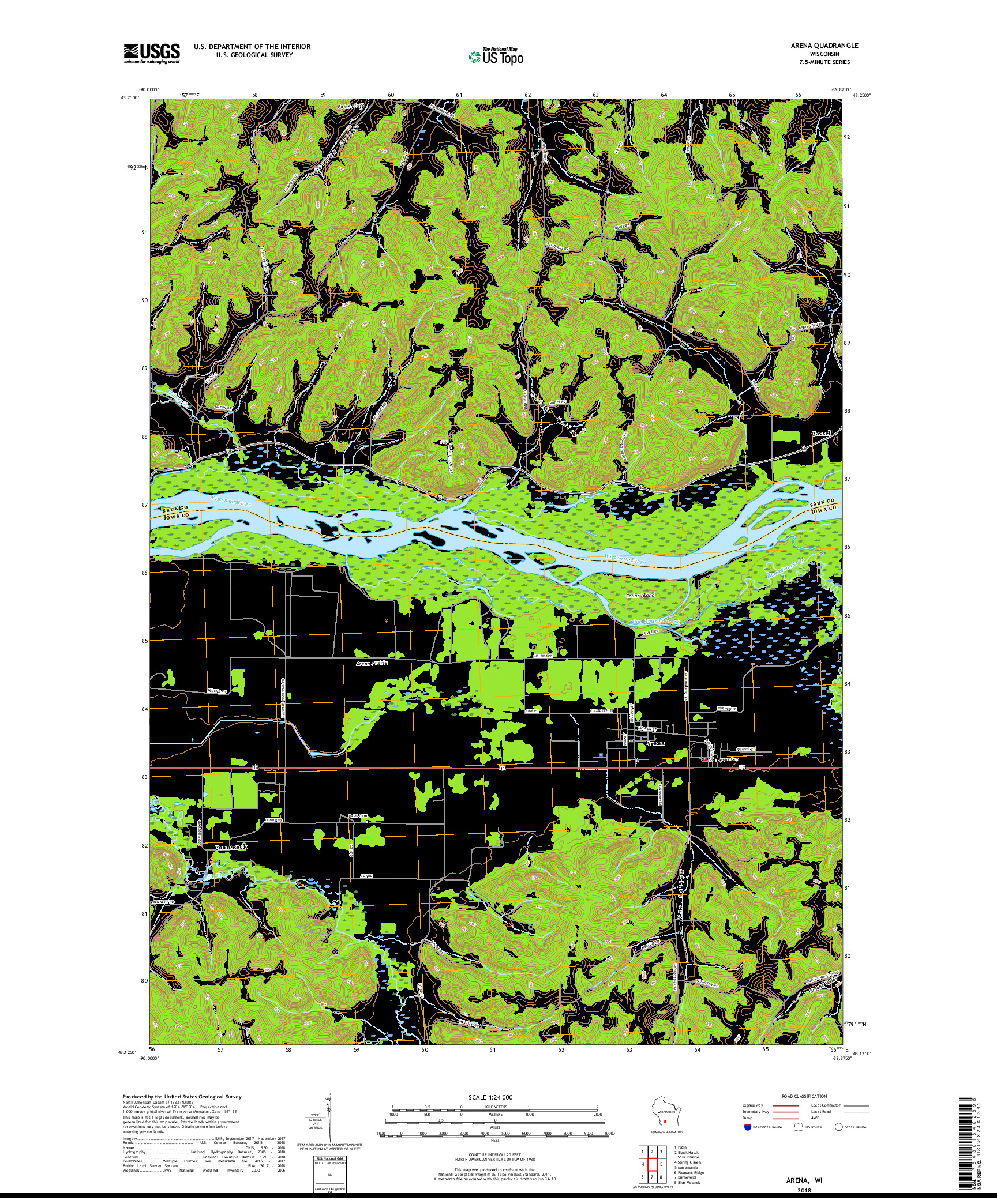 USGS US TOPO 7.5-MINUTE MAP FOR ARENA, WI 2018