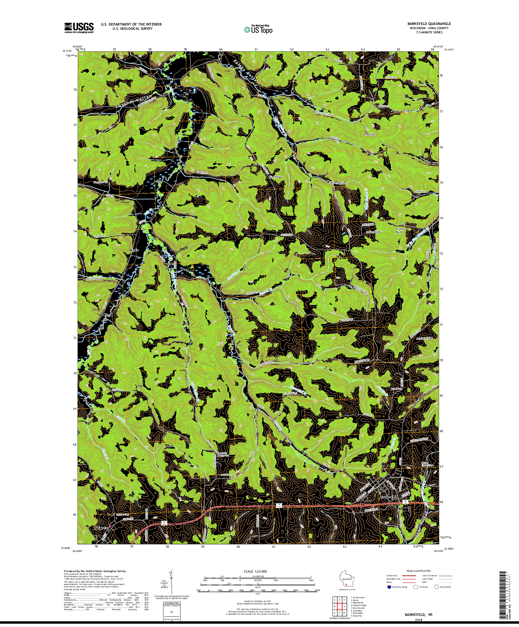 USGS US TOPO 7.5-MINUTE MAP FOR BARNEVELD, WI 2018