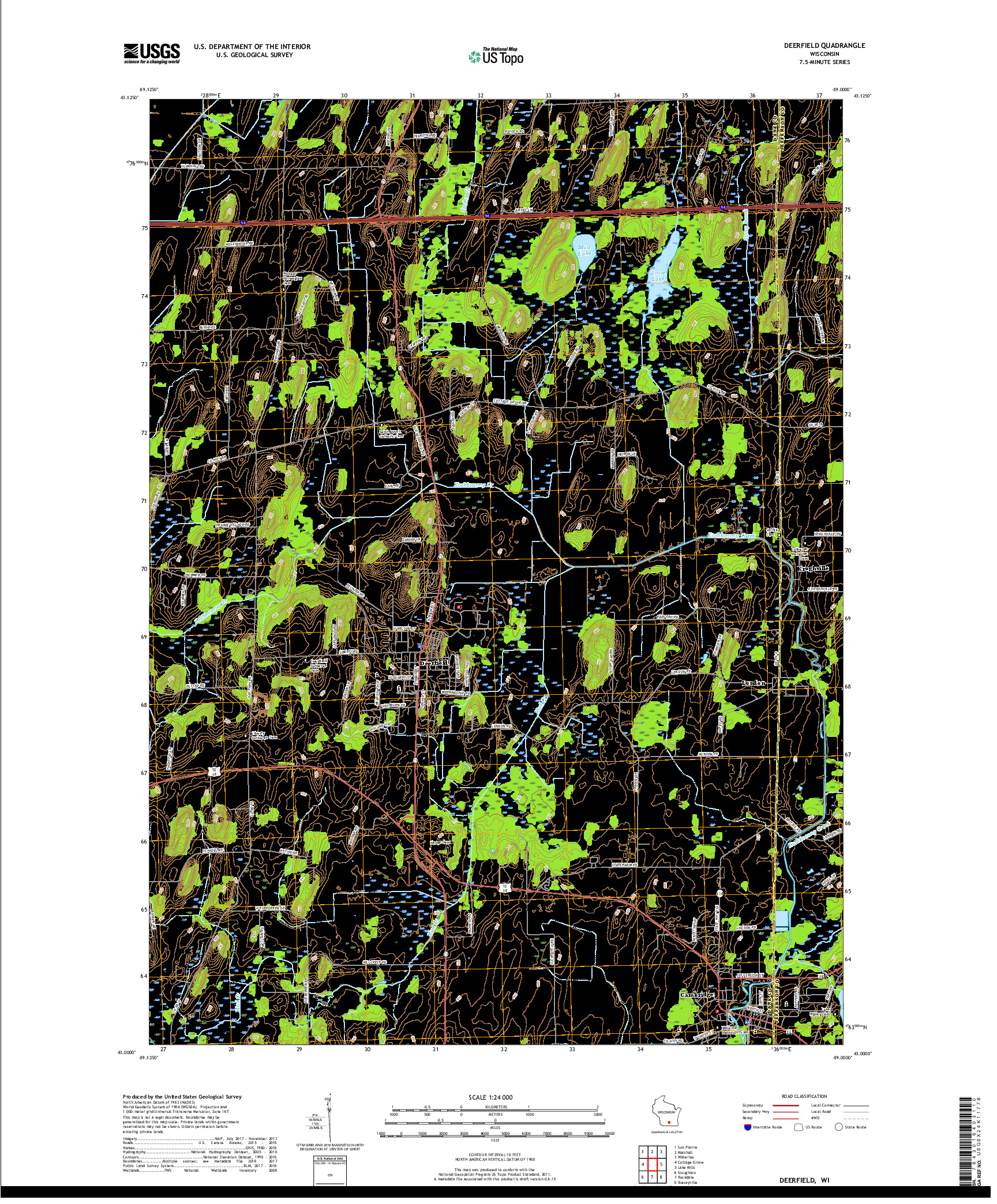 USGS US TOPO 7.5-MINUTE MAP FOR DEERFIELD, WI 2018