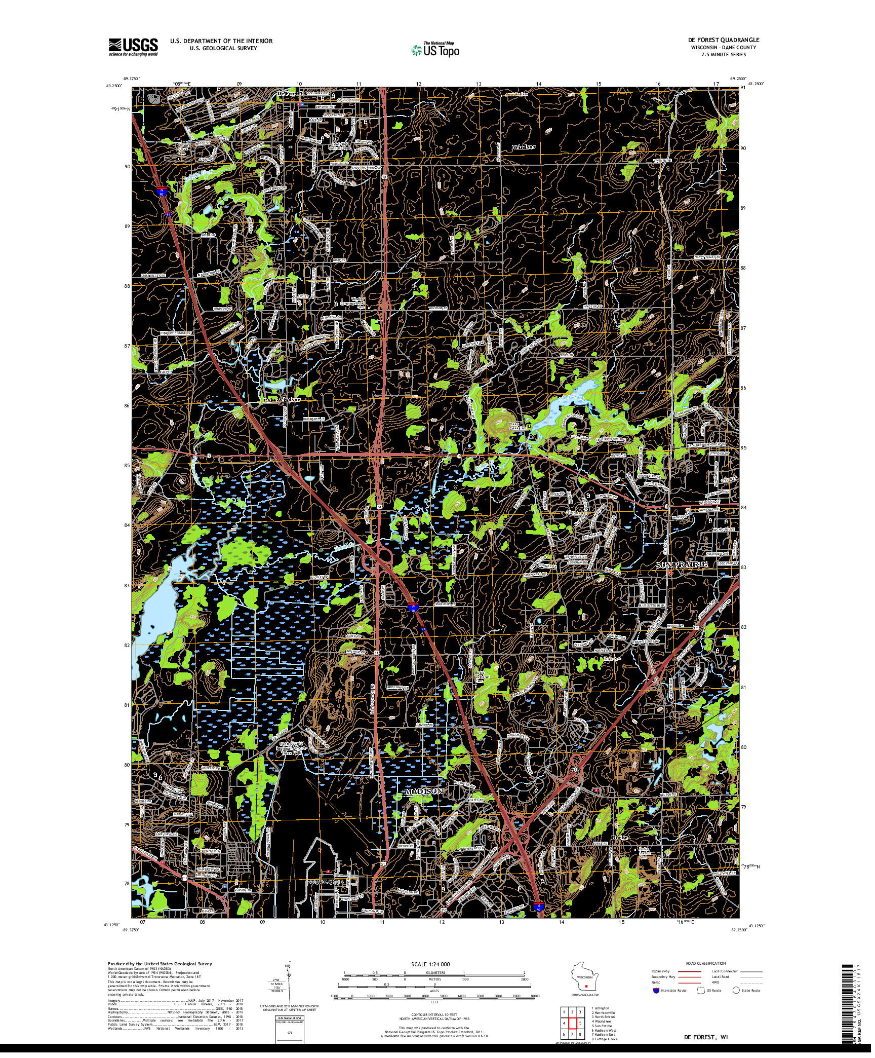 USGS US TOPO 7.5-MINUTE MAP FOR DE FOREST, WI 2018