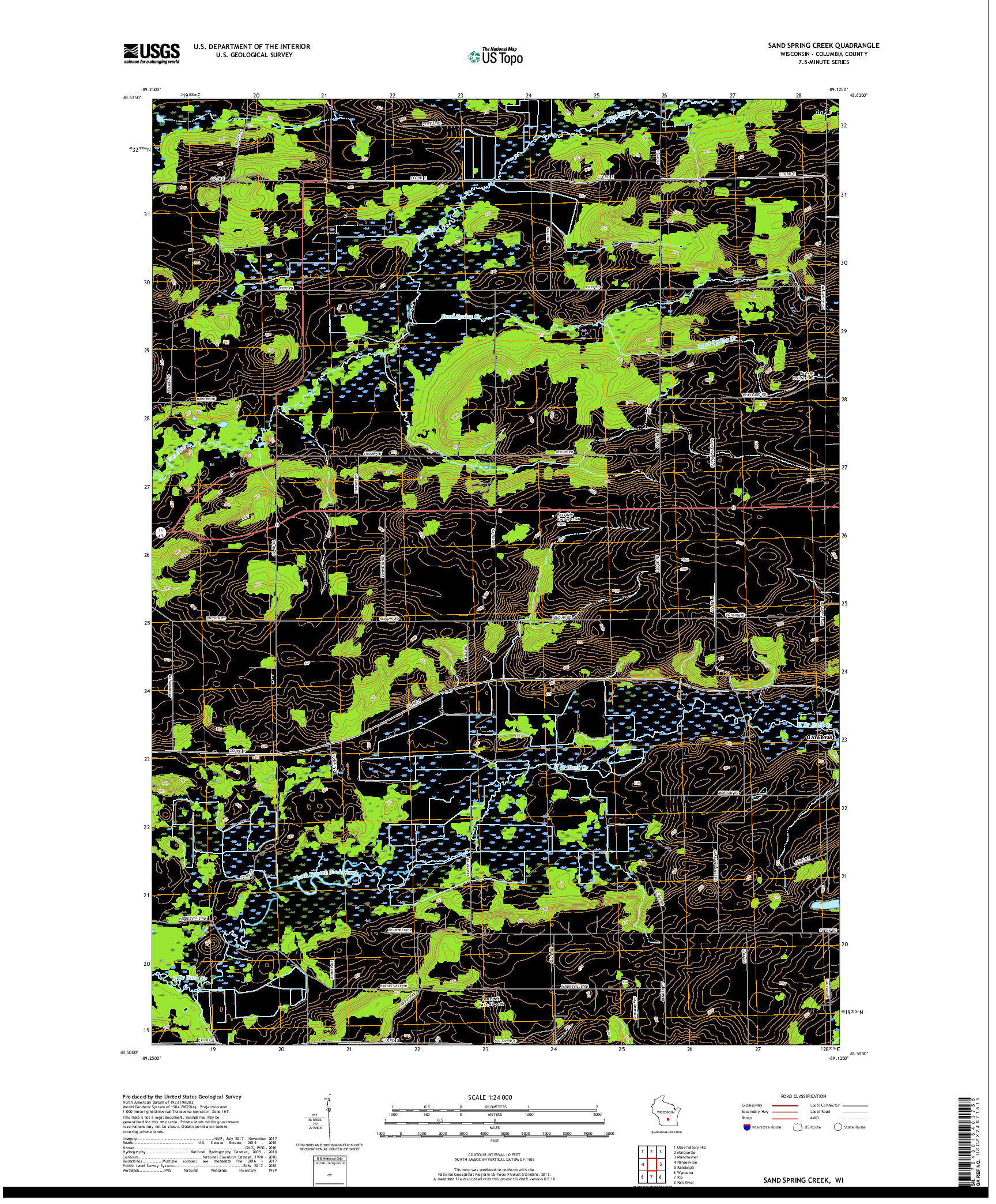USGS US TOPO 7.5-MINUTE MAP FOR SAND SPRING CREEK, WI 2018