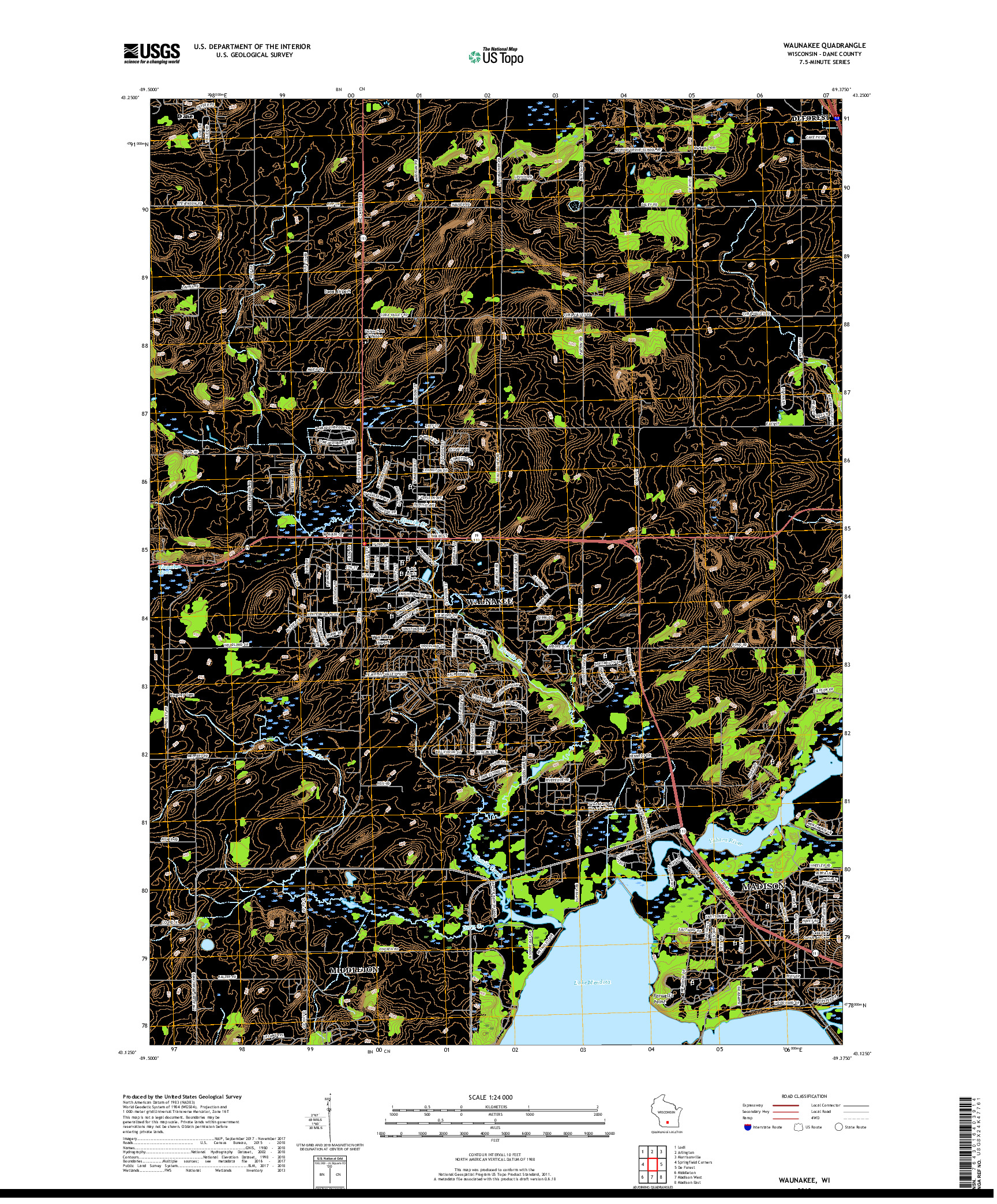 USGS US TOPO 7.5-MINUTE MAP FOR WAUNAKEE, WI 2018