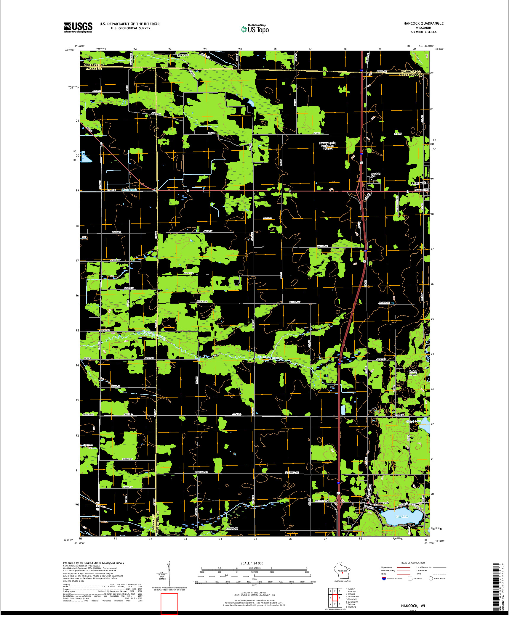 USGS US TOPO 7.5-MINUTE MAP FOR HANCOCK, WI 2018