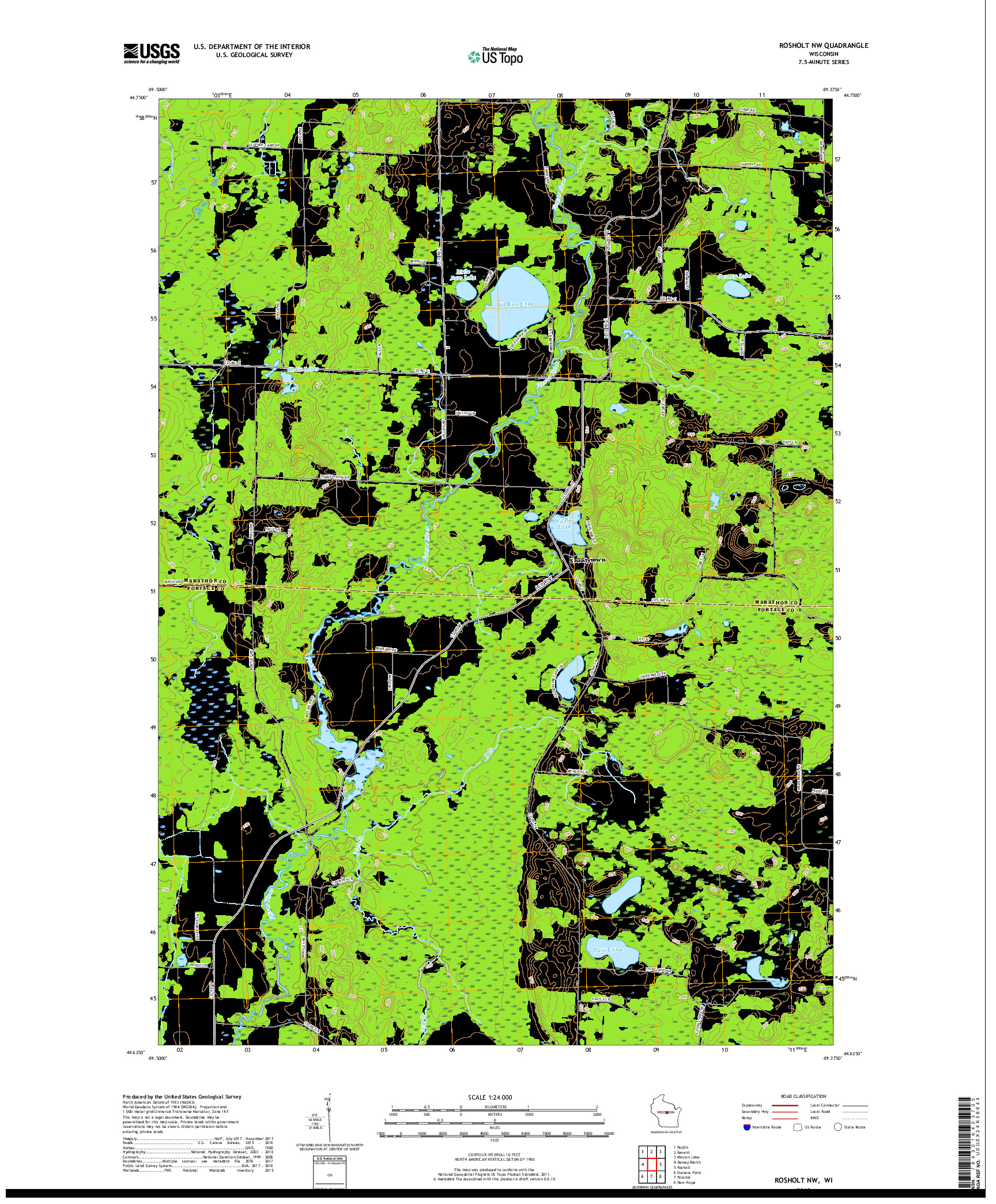 USGS US TOPO 7.5-MINUTE MAP FOR ROSHOLT NW, WI 2018
