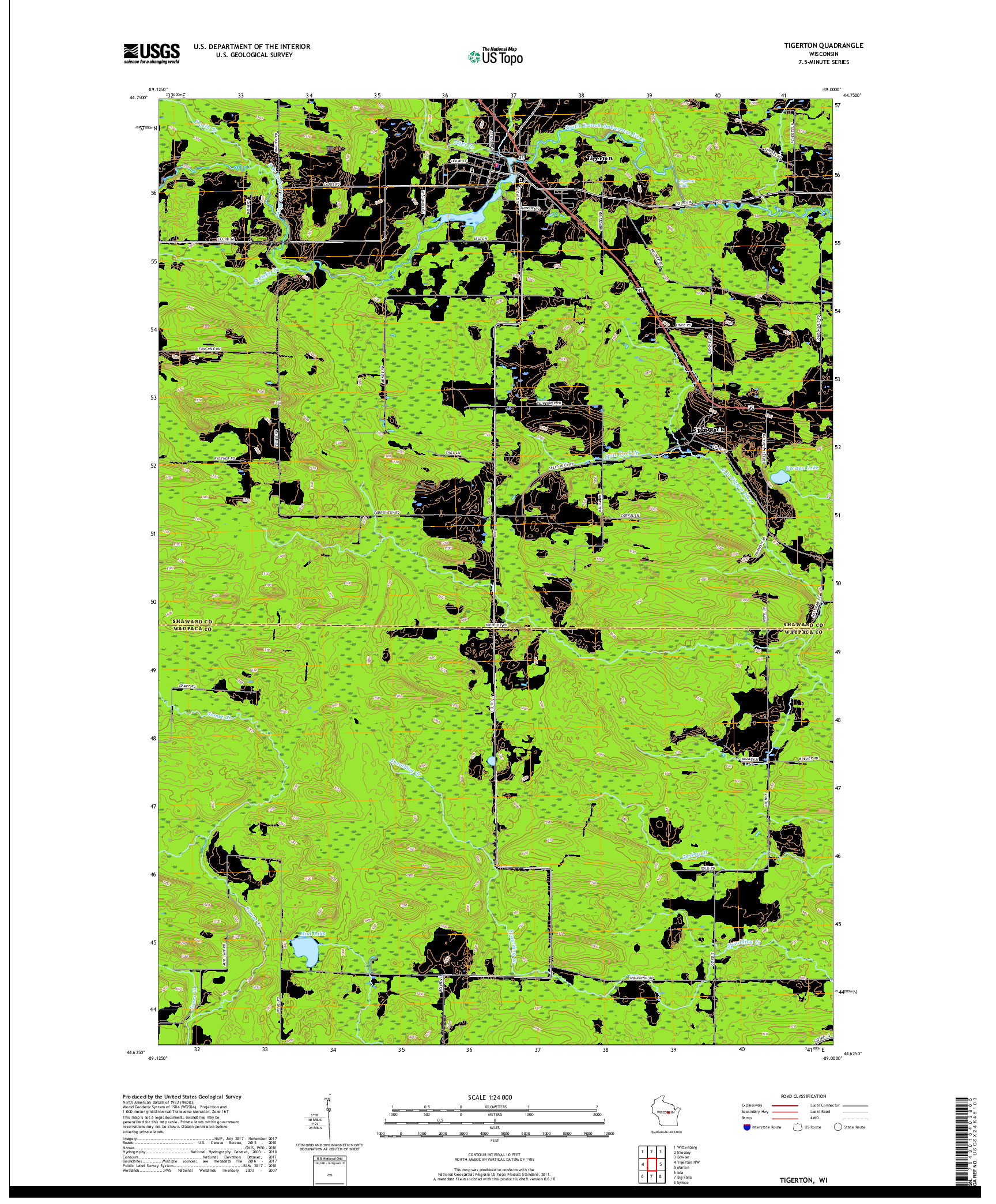 USGS US TOPO 7.5-MINUTE MAP FOR TIGERTON, WI 2018