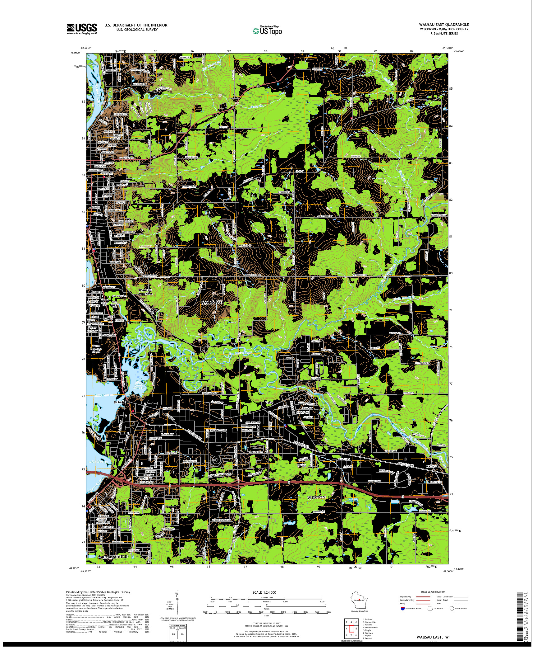 USGS US TOPO 7.5-MINUTE MAP FOR WAUSAU EAST, WI 2018