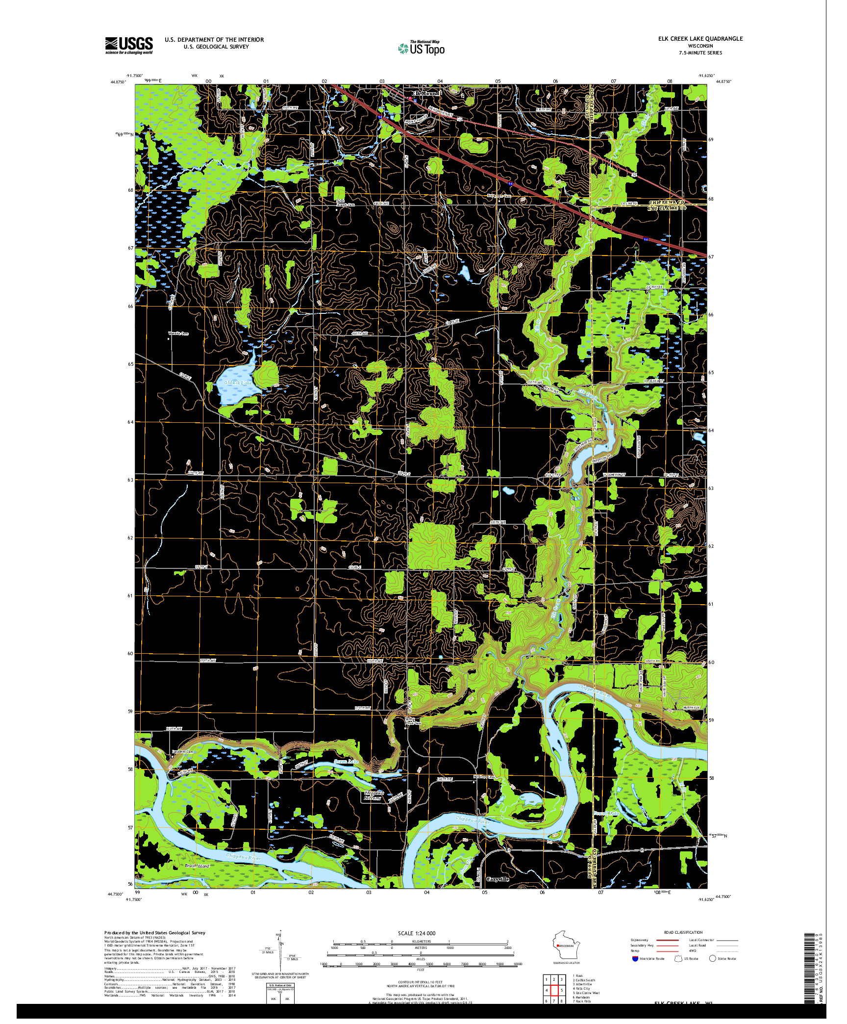 USGS US TOPO 7.5-MINUTE MAP FOR ELK CREEK LAKE, WI 2018