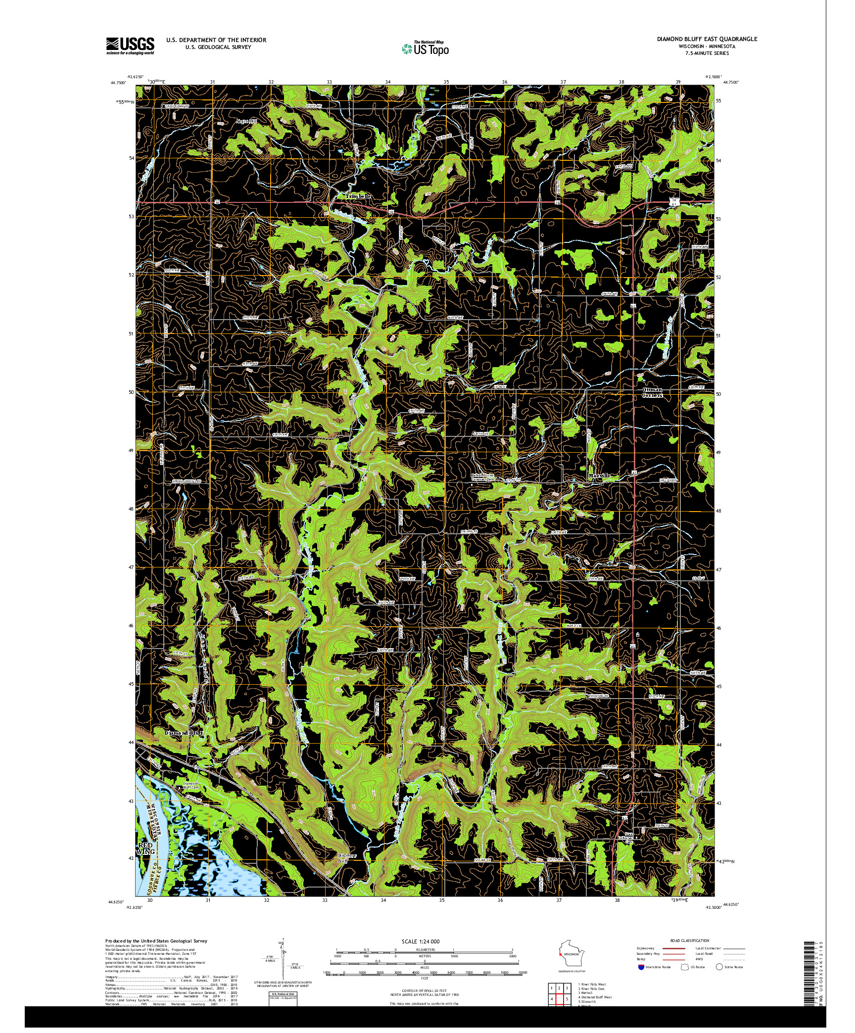 USGS US TOPO 7.5-MINUTE MAP FOR DIAMOND BLUFF EAST, WI,MN 2018