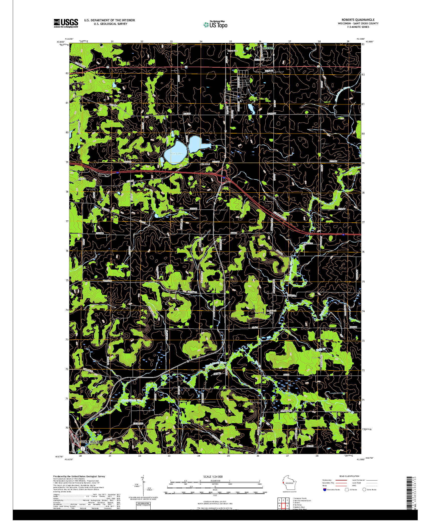 USGS US TOPO 7.5-MINUTE MAP FOR ROBERTS, WI 2018