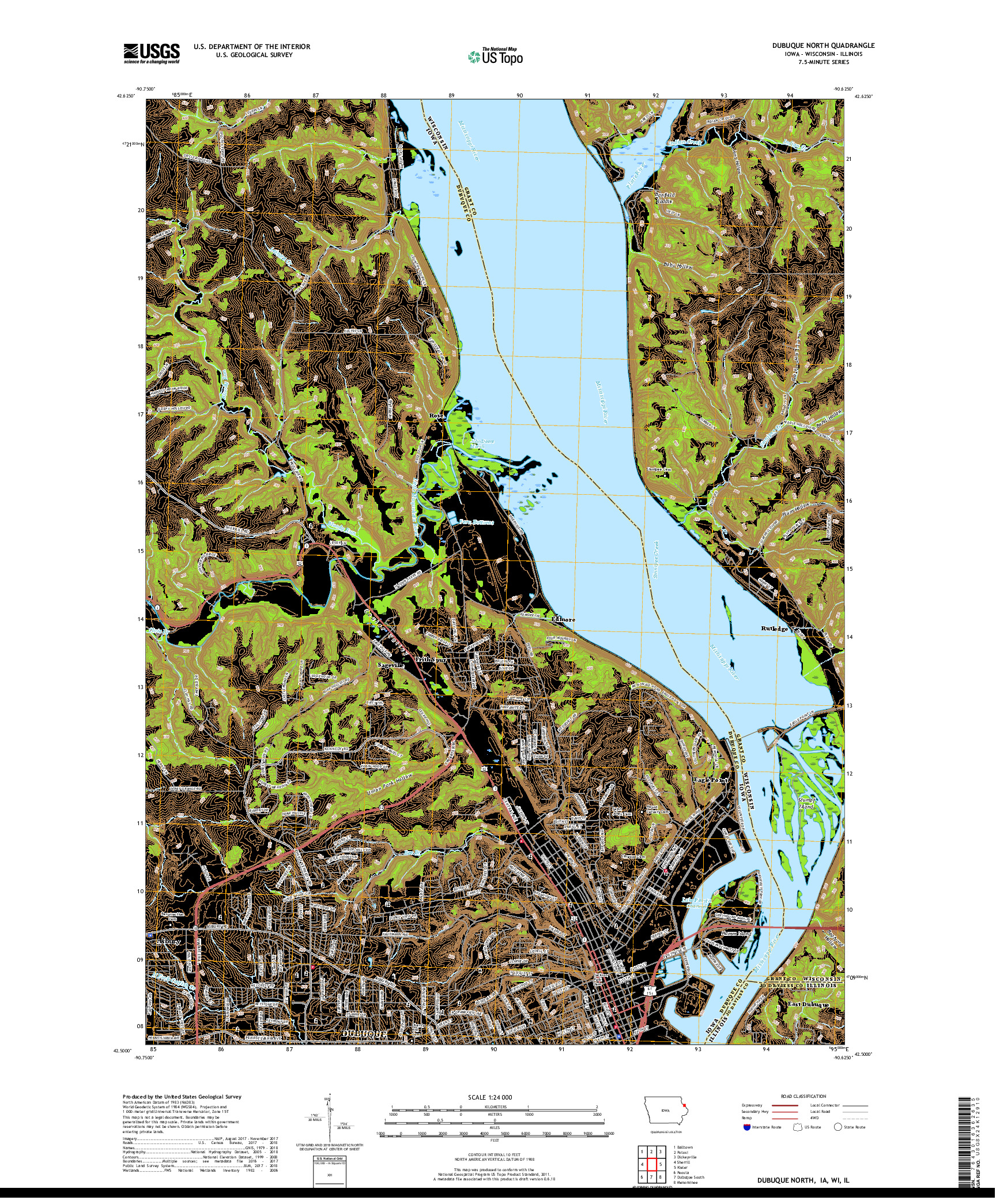 USGS US TOPO 7.5-MINUTE MAP FOR DUBUQUE NORTH, IA,WI,IL 2018
