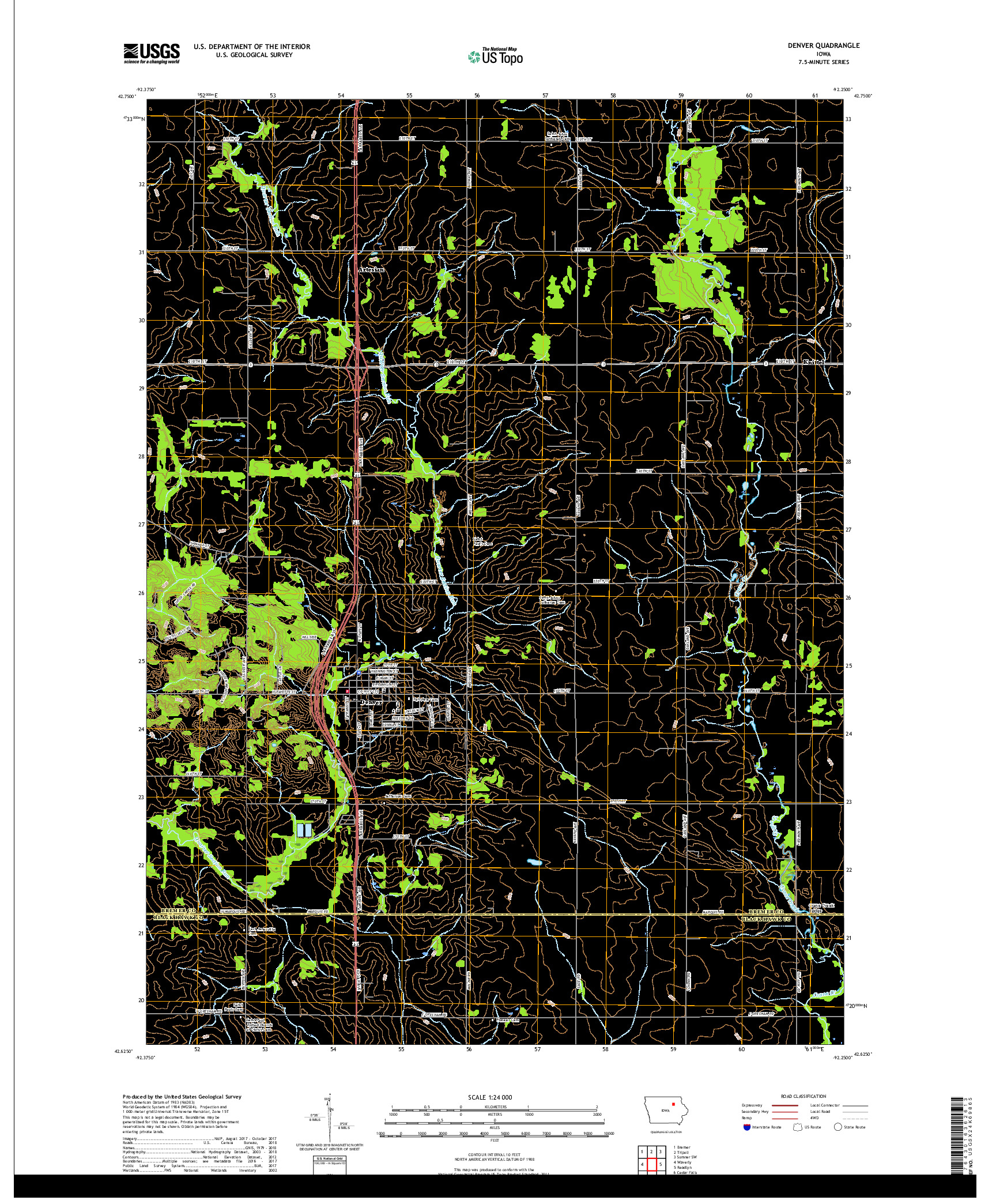 USGS US TOPO 7.5-MINUTE MAP FOR DENVER, IA 2018