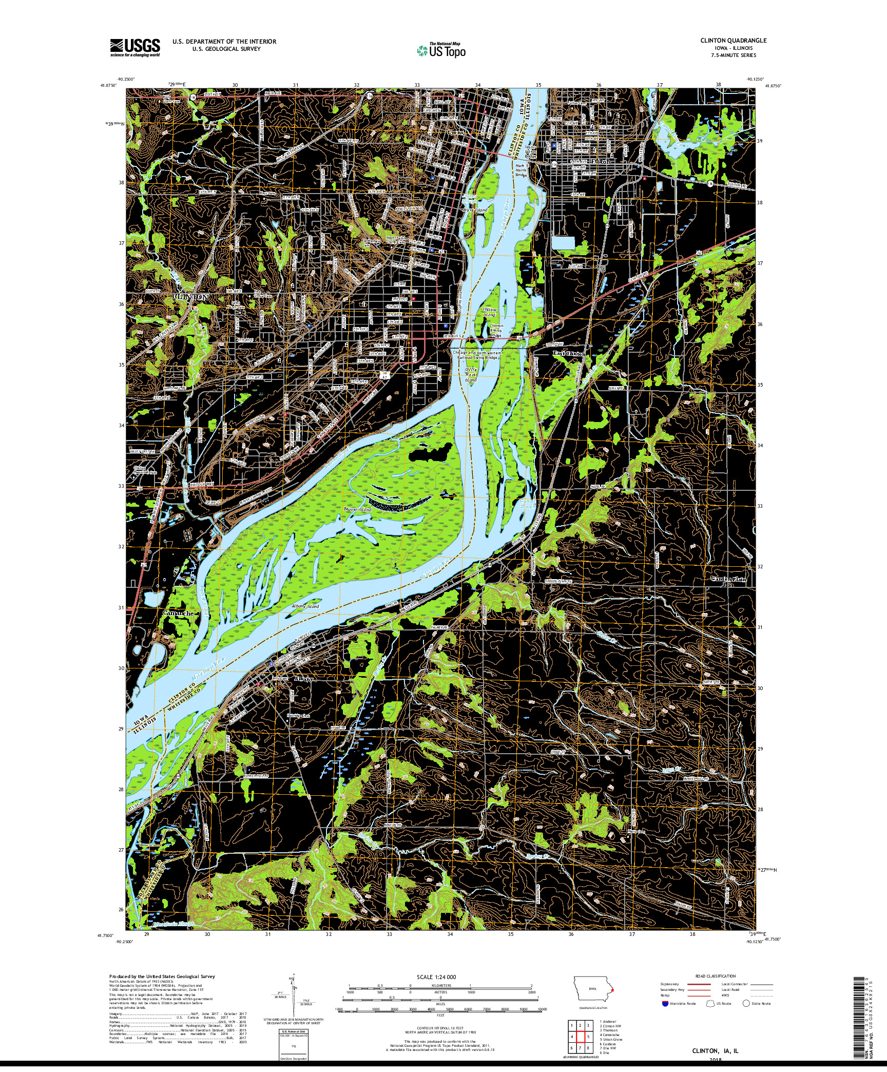 USGS US TOPO 7.5-MINUTE MAP FOR CLINTON, IA,IL 2018