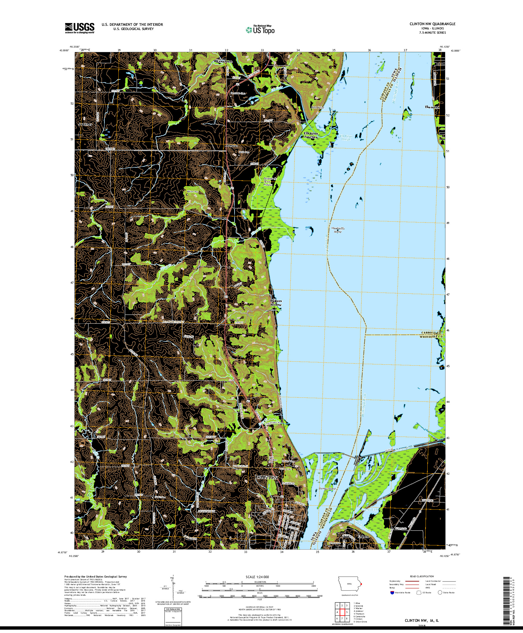 USGS US TOPO 7.5-MINUTE MAP FOR CLINTON NW, IA,IL 2018