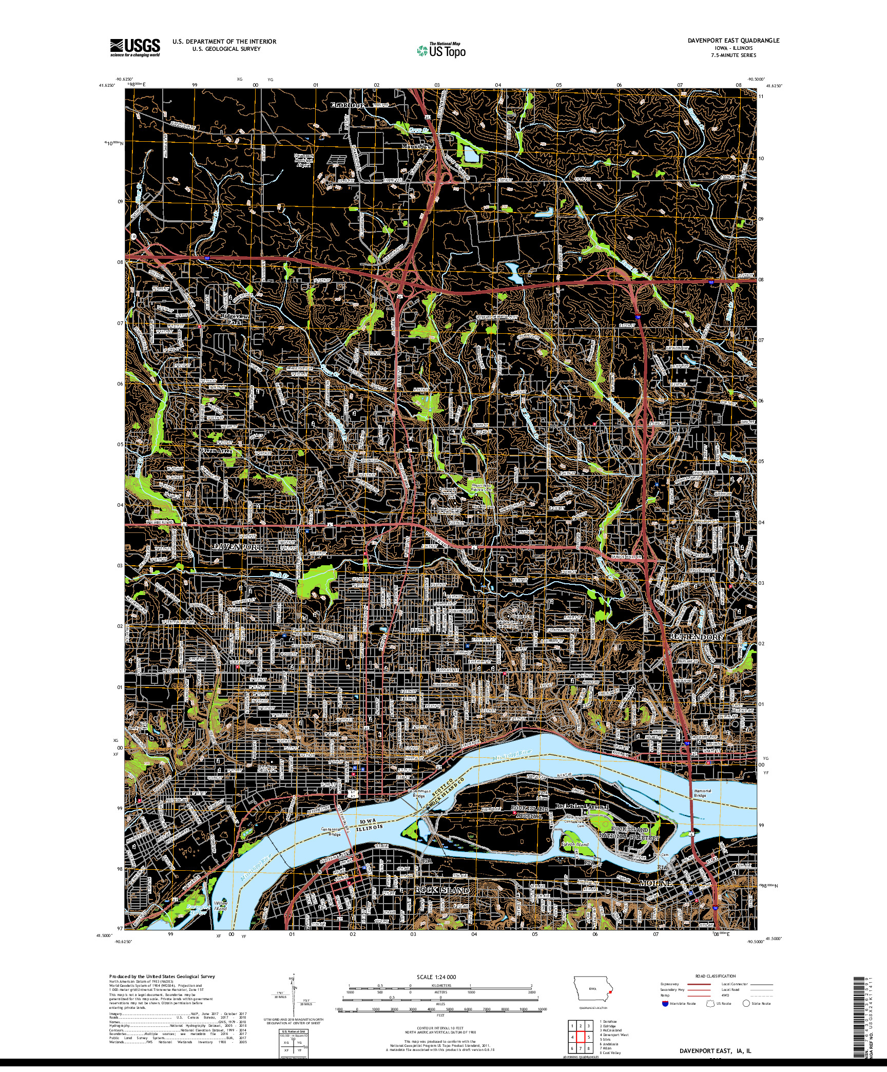 USGS US TOPO 7.5-MINUTE MAP FOR DAVENPORT EAST, IA,IL 2018