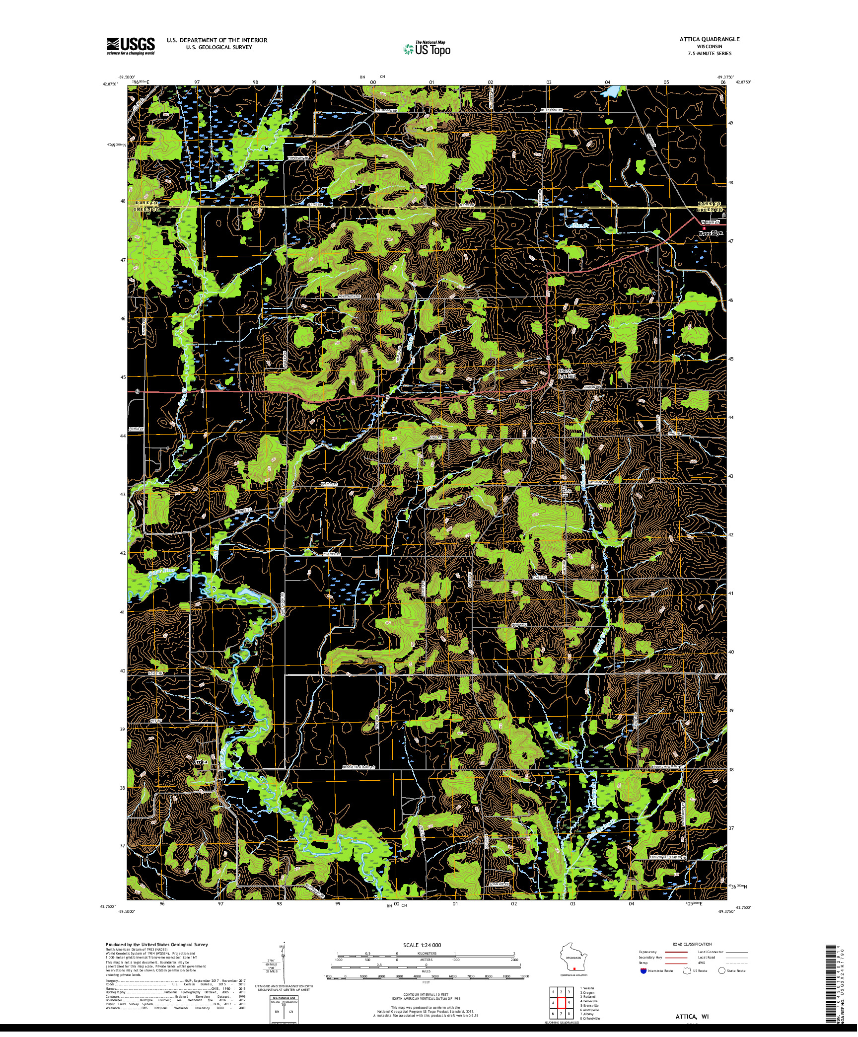 USGS US TOPO 7.5-MINUTE MAP FOR ATTICA, WI 2018