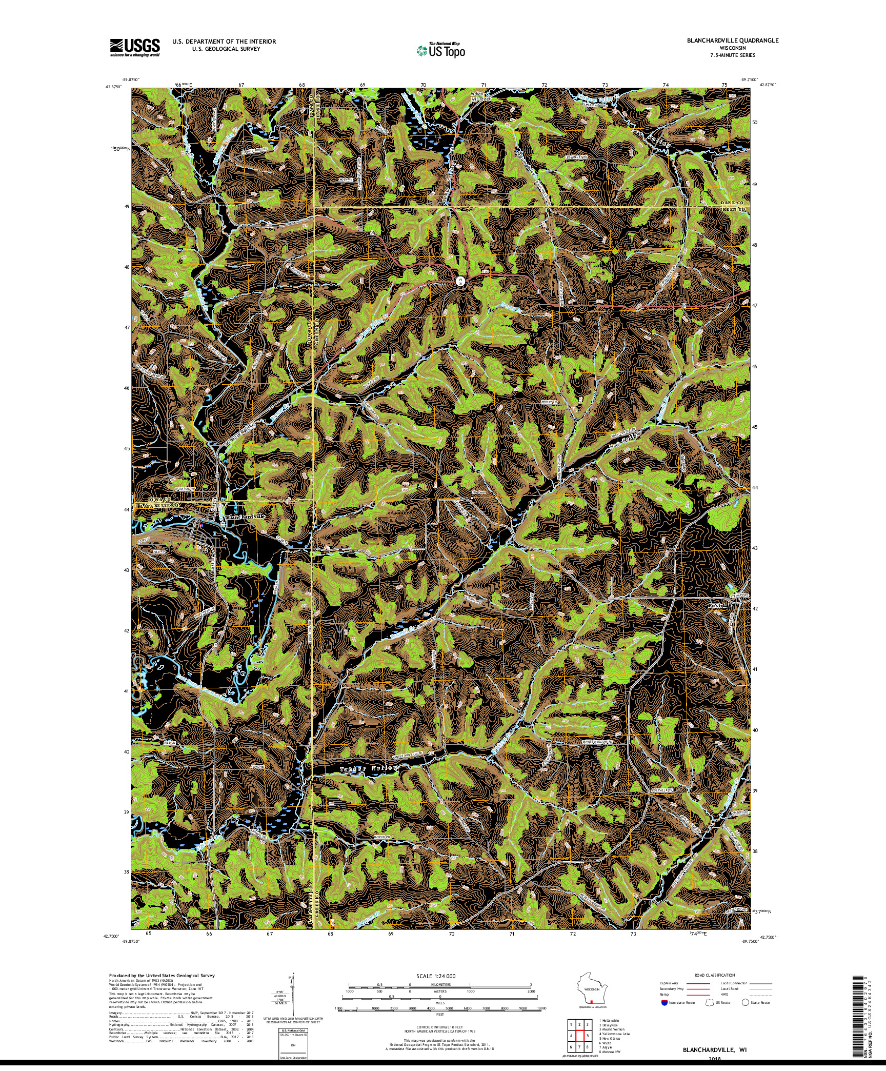 USGS US TOPO 7.5-MINUTE MAP FOR BLANCHARDVILLE, WI 2018