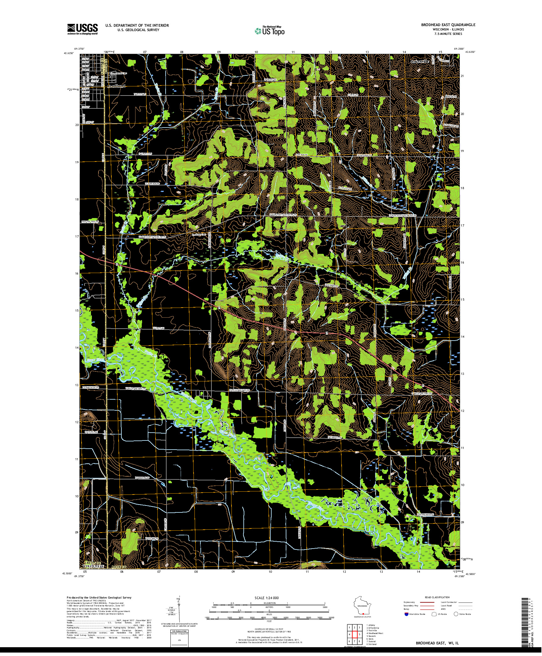 USGS US TOPO 7.5-MINUTE MAP FOR BRODHEAD EAST, WI,IL 2018