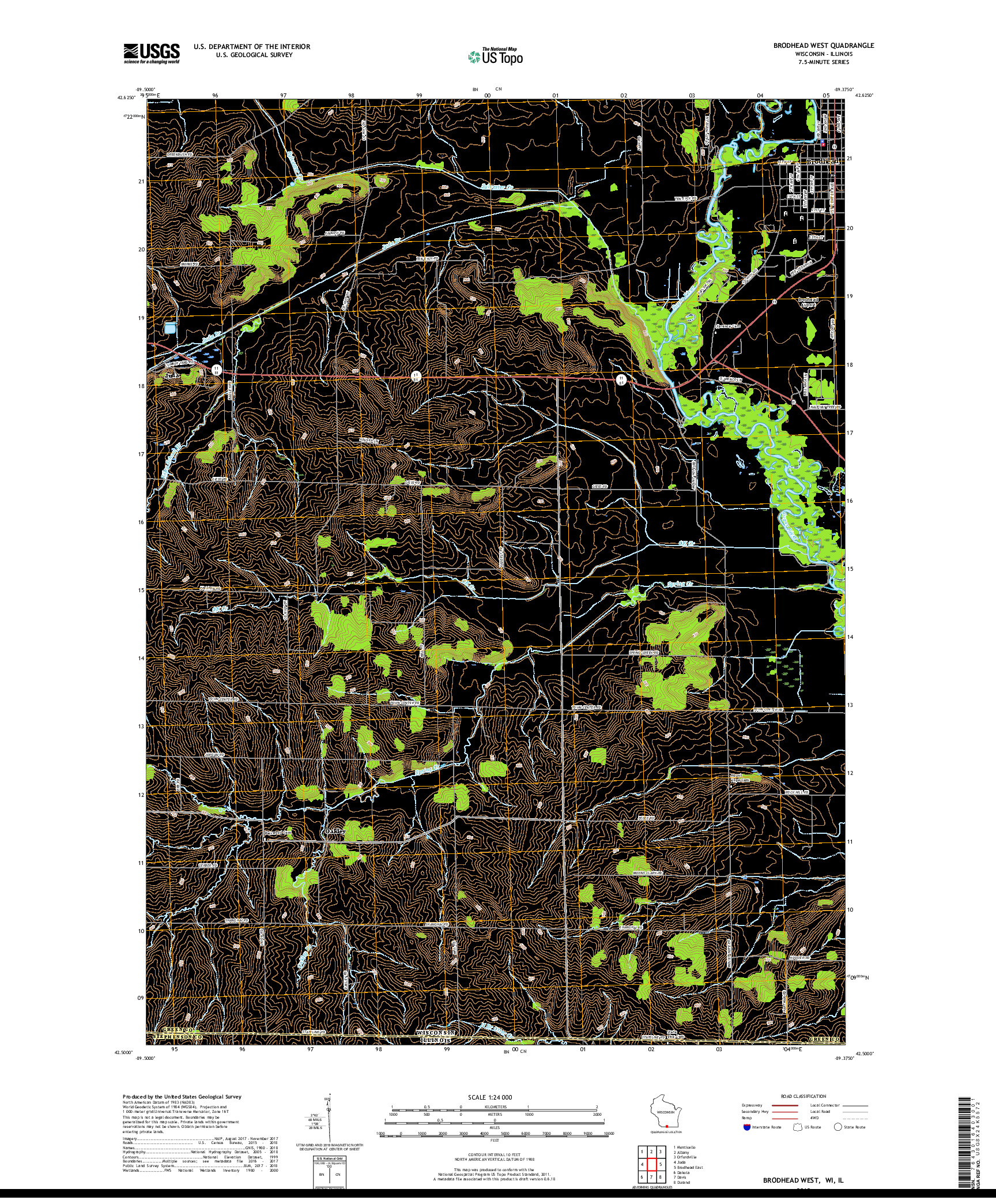 USGS US TOPO 7.5-MINUTE MAP FOR BRODHEAD WEST, WI,IL 2018