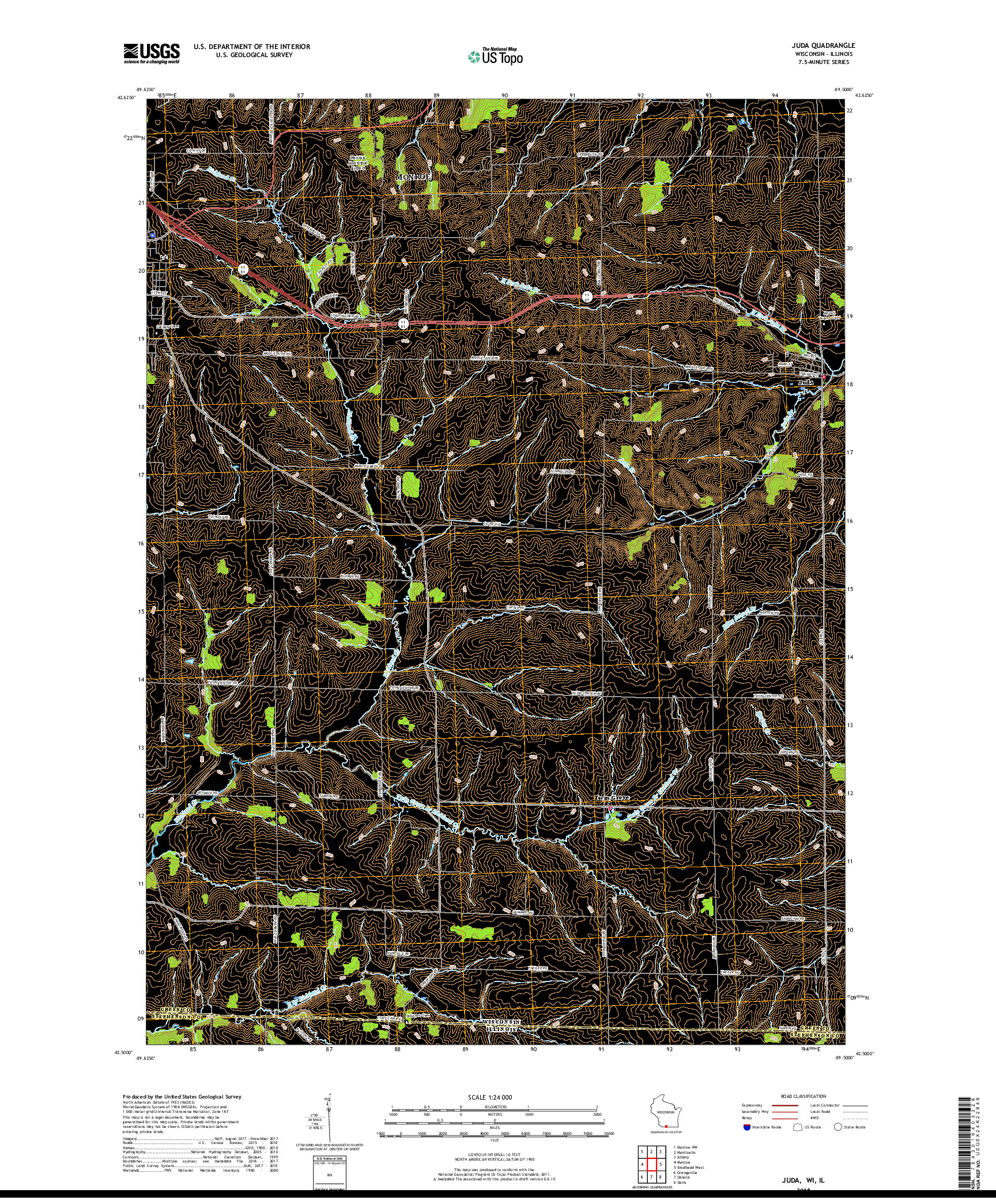 USGS US TOPO 7.5-MINUTE MAP FOR JUDA, WI,IL 2018