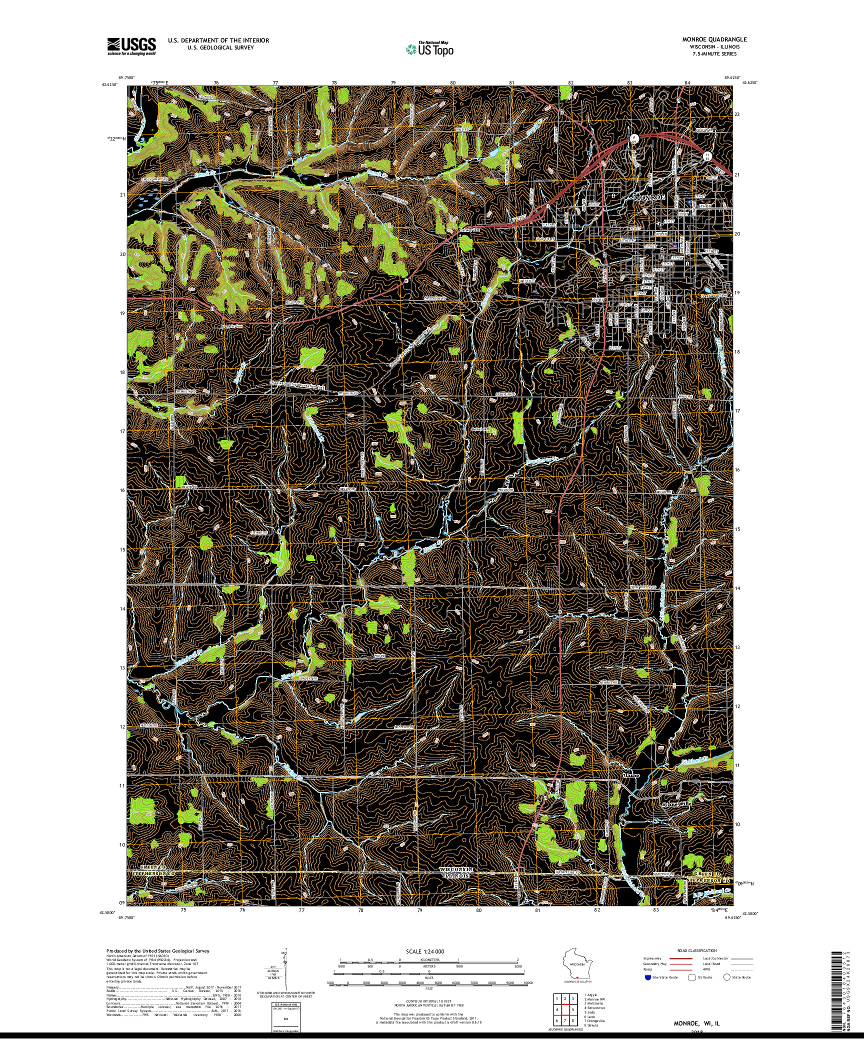 USGS US TOPO 7.5-MINUTE MAP FOR MONROE, WI,IL 2018