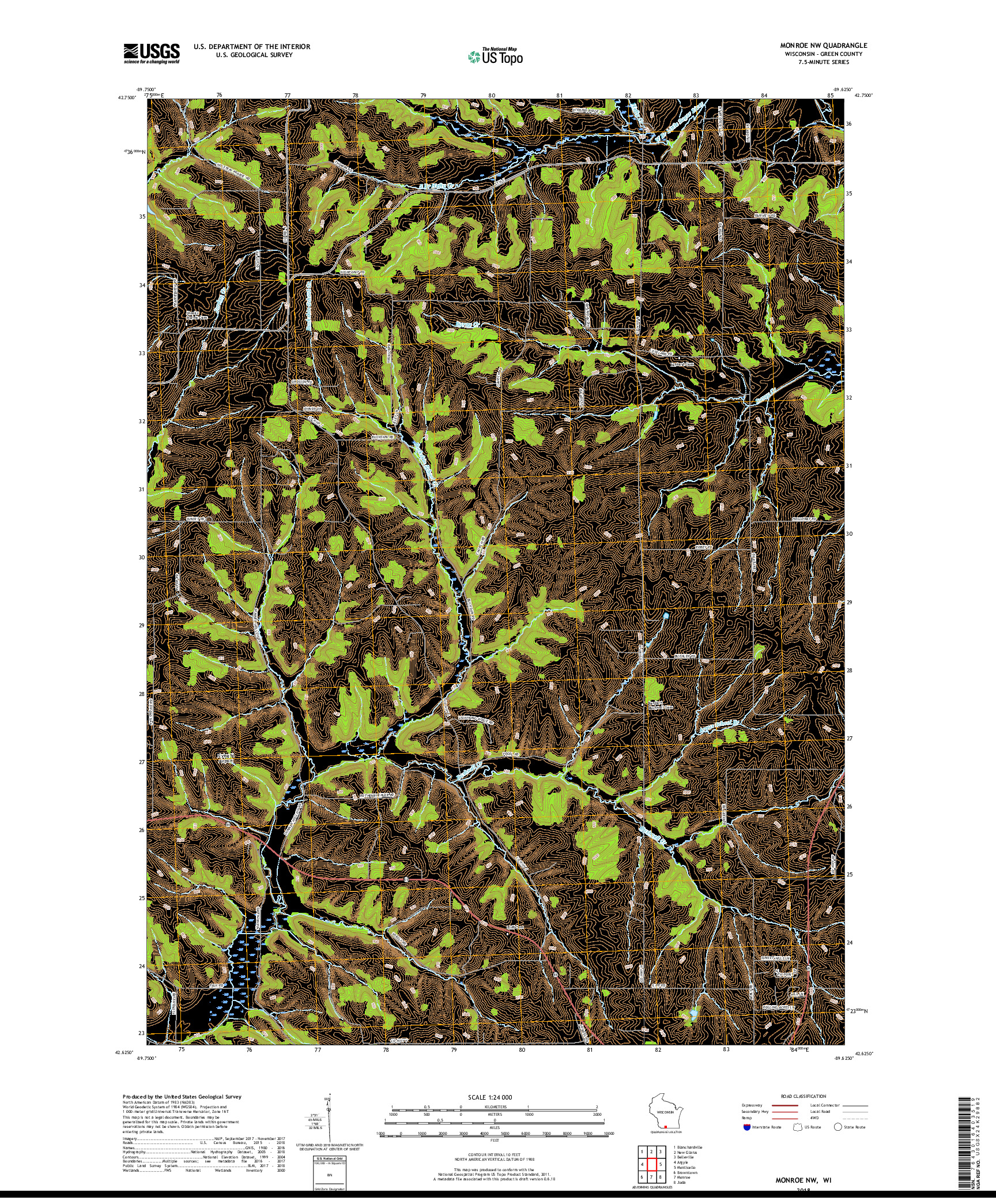 USGS US TOPO 7.5-MINUTE MAP FOR MONROE NW, WI 2018