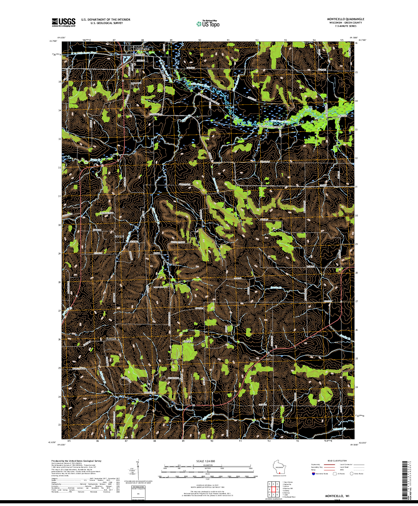 USGS US TOPO 7.5-MINUTE MAP FOR MONTICELLO, WI 2018