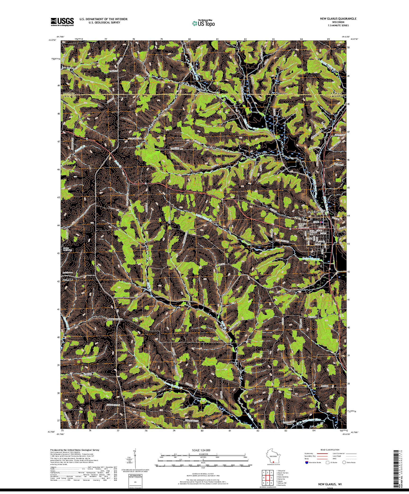 USGS US TOPO 7.5-MINUTE MAP FOR NEW GLARUS, WI 2018