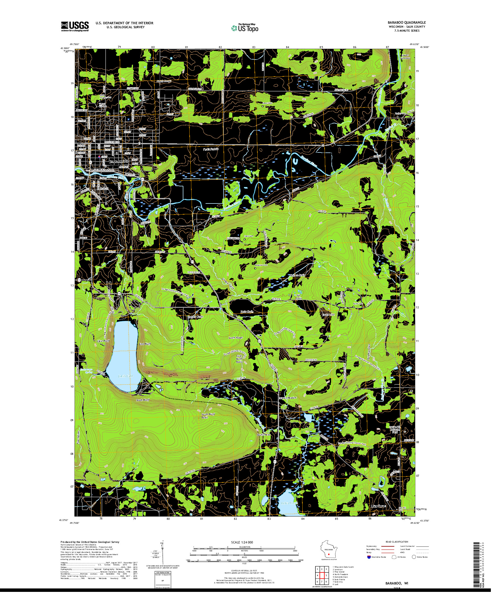 USGS US TOPO 7.5-MINUTE MAP FOR BARABOO, WI 2018