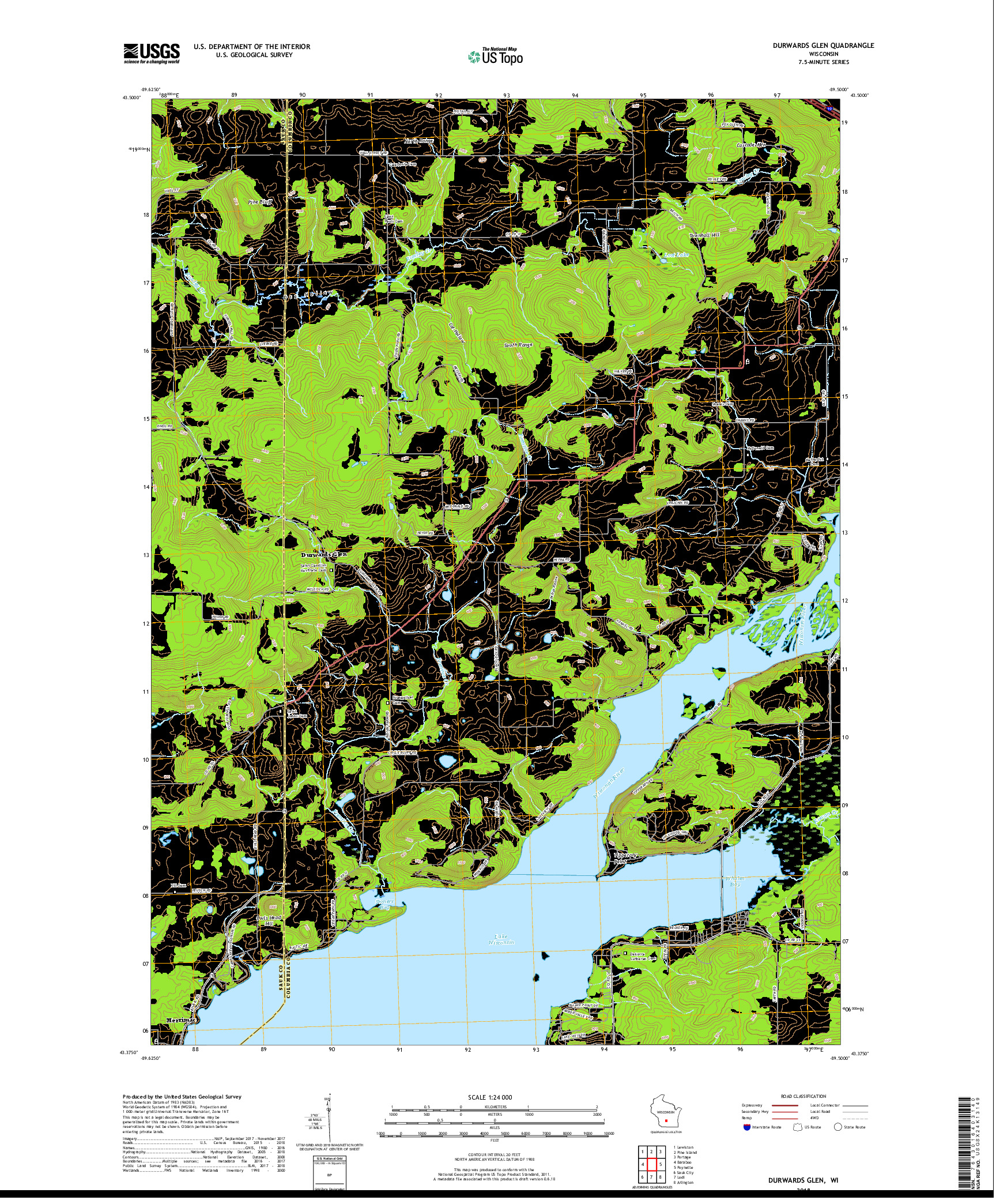 USGS US TOPO 7.5-MINUTE MAP FOR DURWARDS GLEN, WI 2018