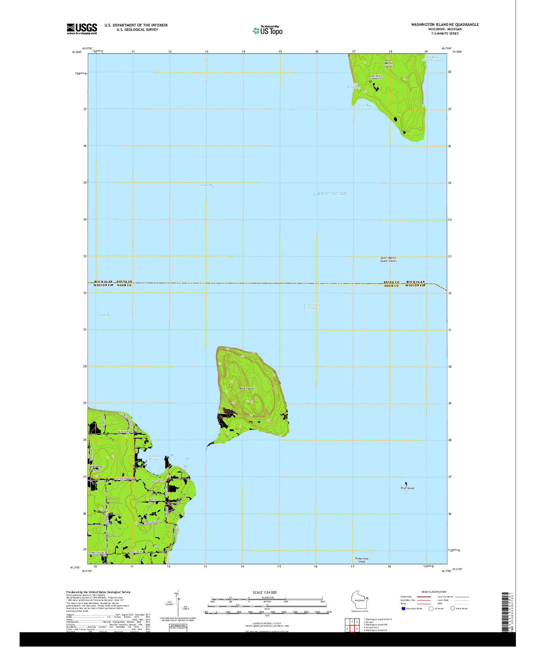 USGS US TOPO 7.5-MINUTE MAP FOR WASHINGTON ISLAND NE, WI,MI 2018