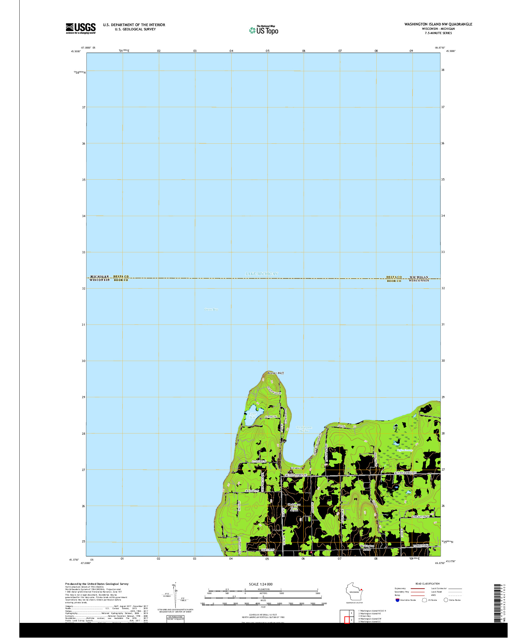 USGS US TOPO 7.5-MINUTE MAP FOR WASHINGTON ISLAND NW, WI,MI 2018