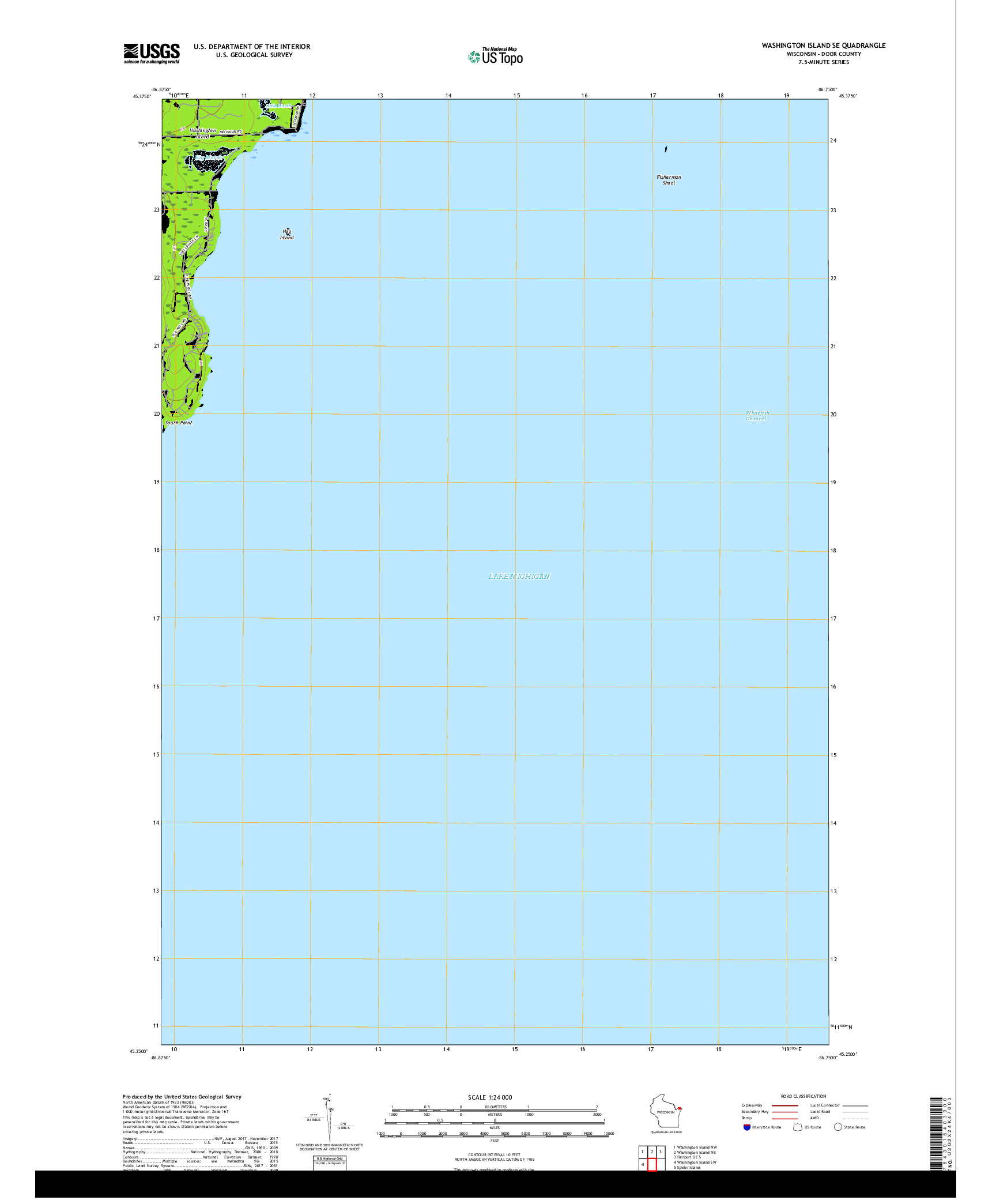 USGS US TOPO 7.5-MINUTE MAP FOR WASHINGTON ISLAND SE, WI 2018