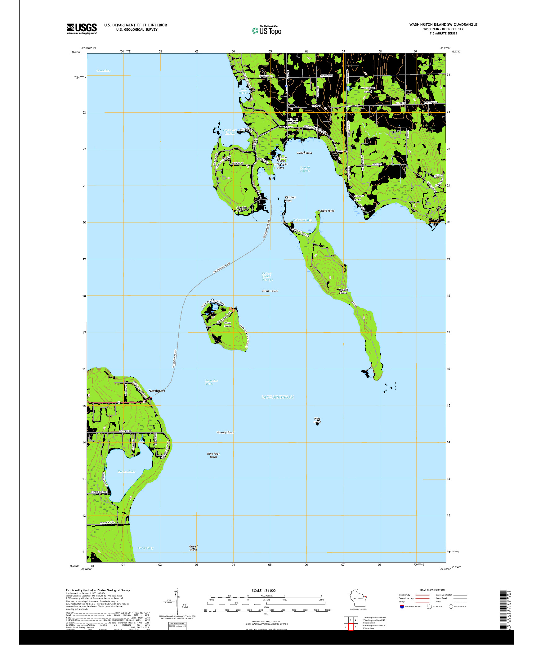 USGS US TOPO 7.5-MINUTE MAP FOR WASHINGTON ISLAND SW, WI 2018