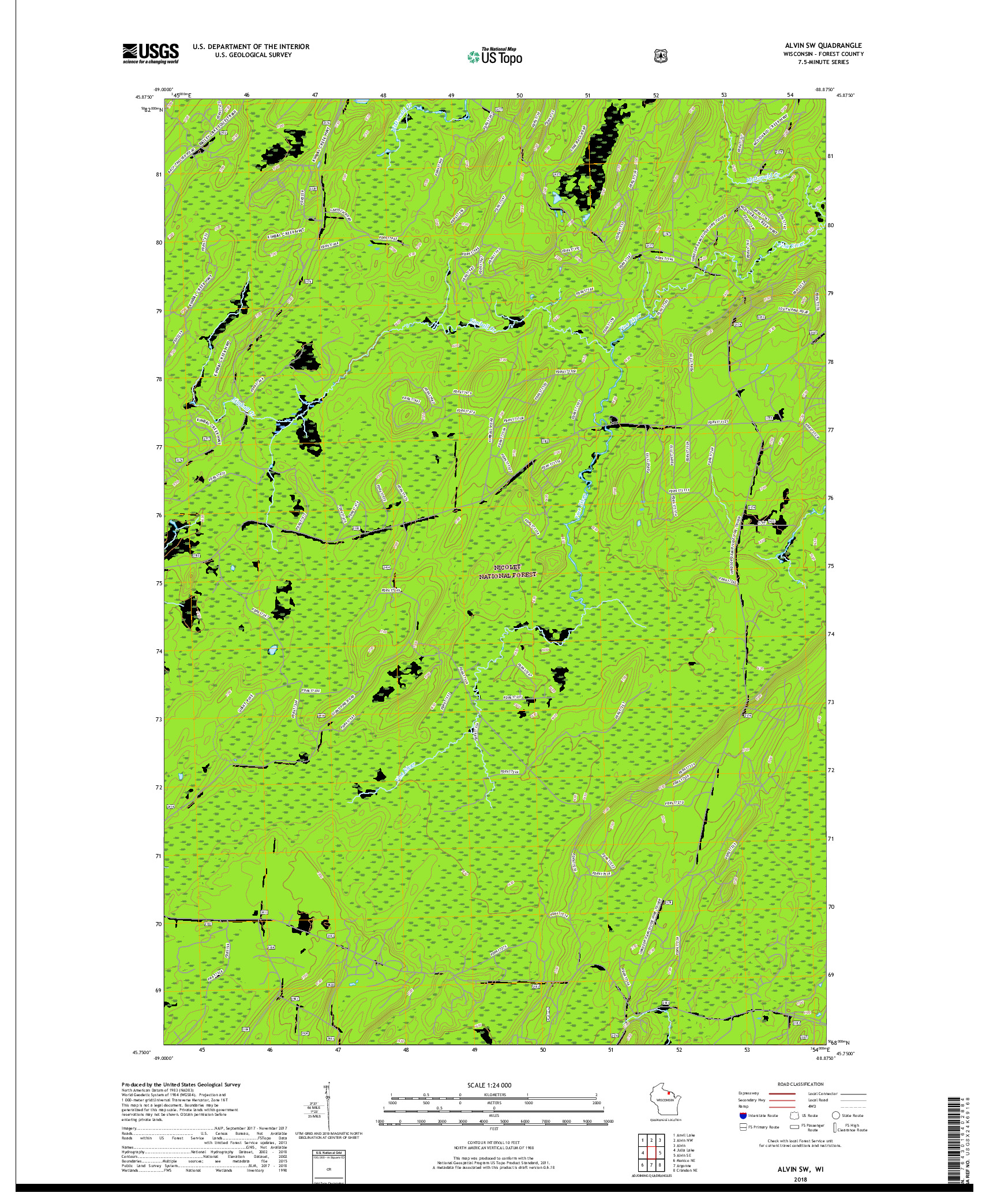 USGS US TOPO 7.5-MINUTE MAP FOR ALVIN SW, WI 2018