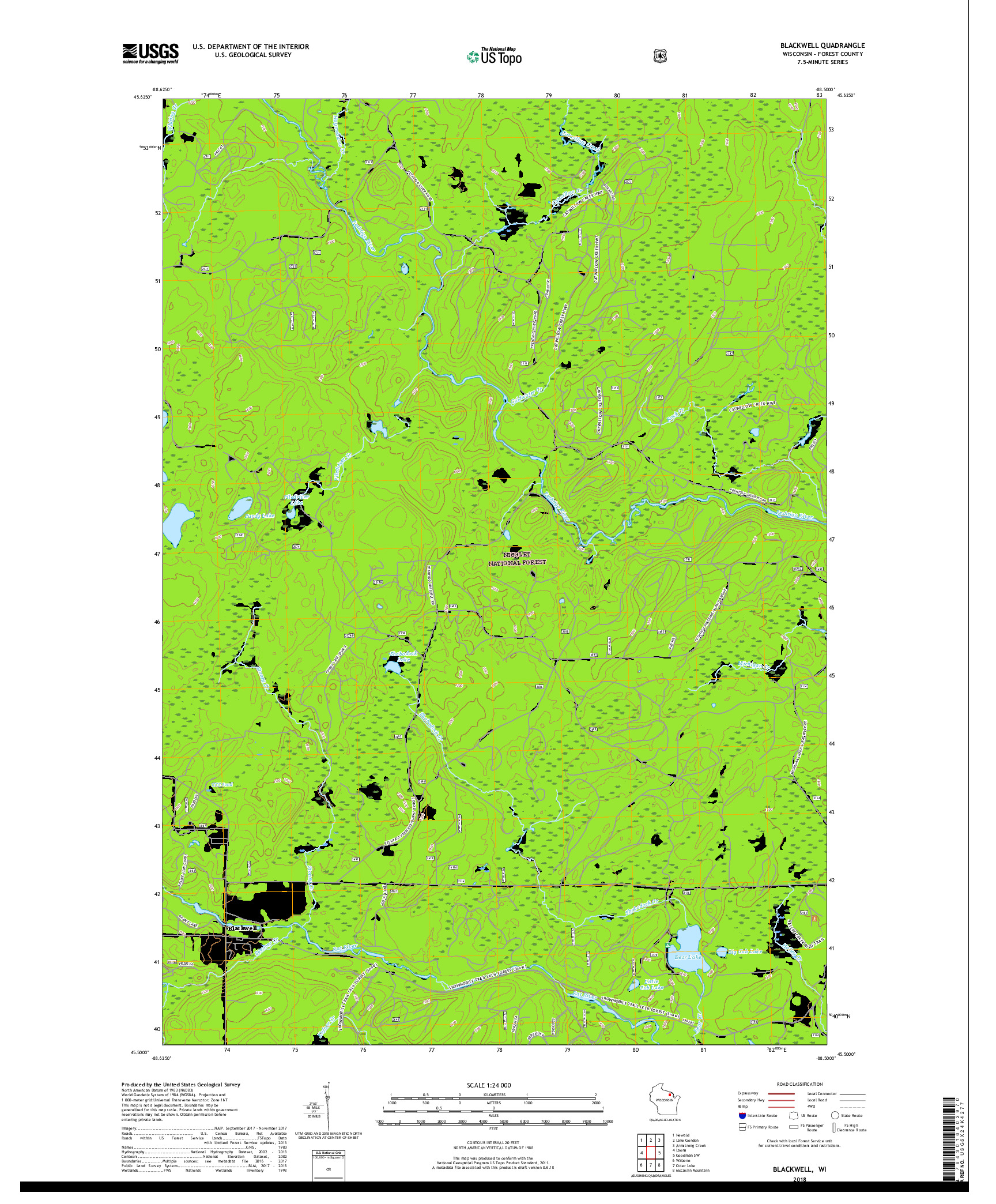 USGS US TOPO 7.5-MINUTE MAP FOR BLACKWELL, WI 2018
