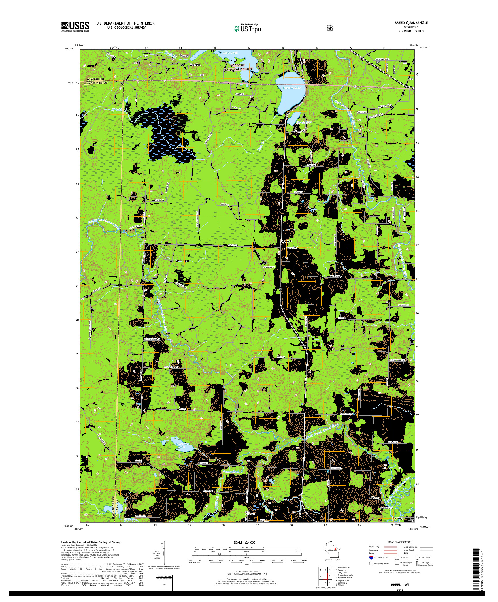 USGS US TOPO 7.5-MINUTE MAP FOR BREED, WI 2018