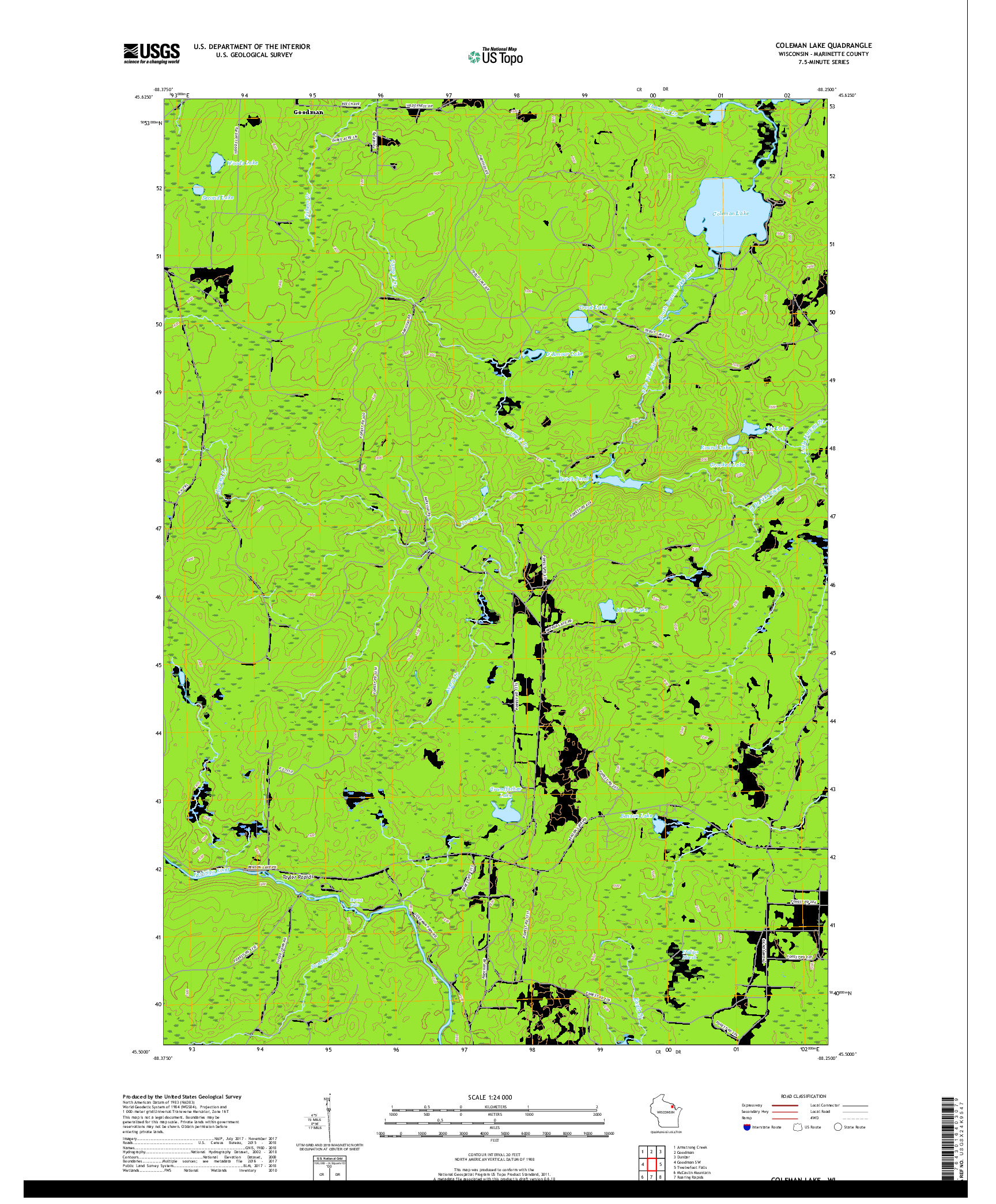USGS US TOPO 7.5-MINUTE MAP FOR COLEMAN LAKE, WI 2018