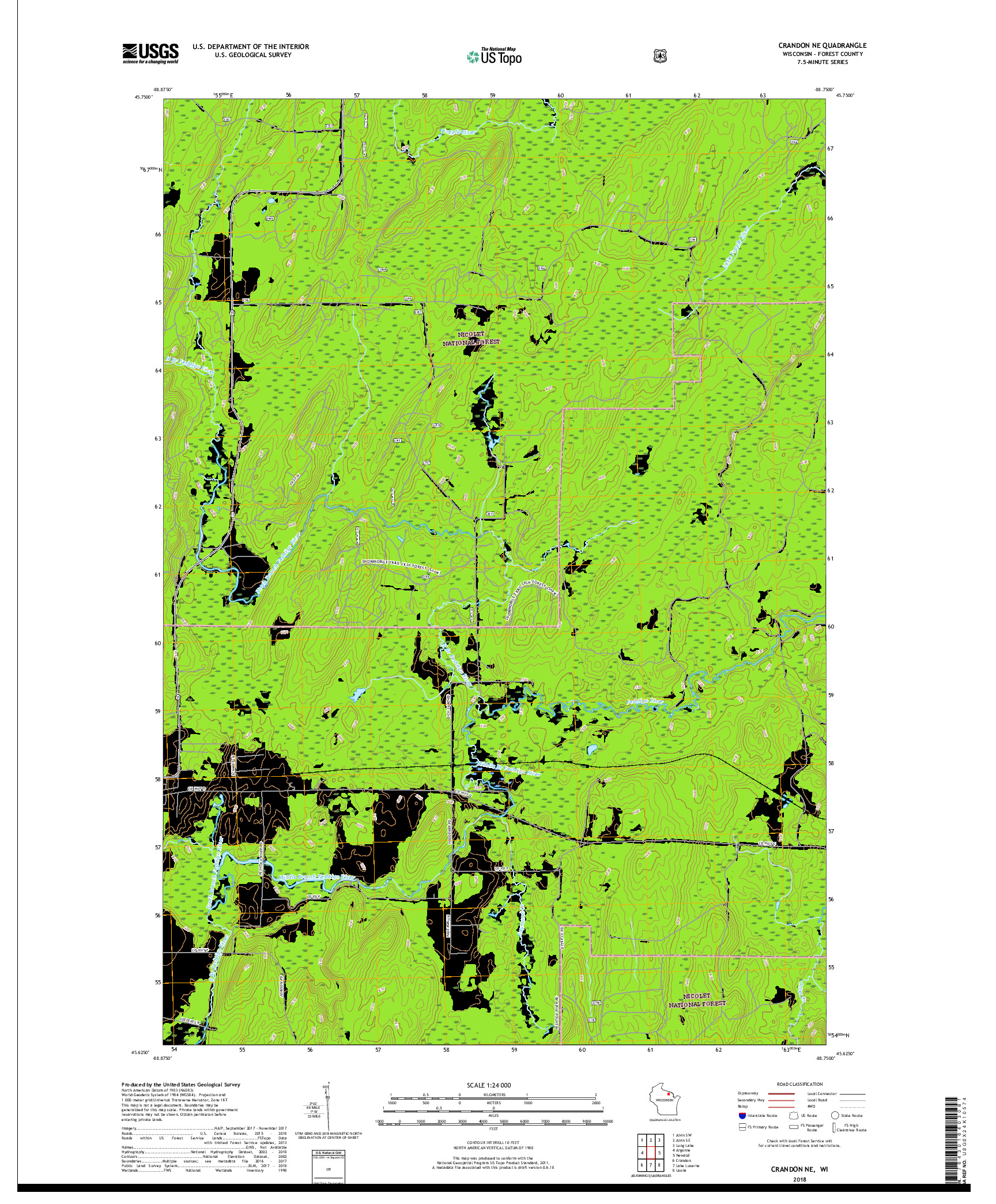 USGS US TOPO 7.5-MINUTE MAP FOR CRANDON NE, WI 2018