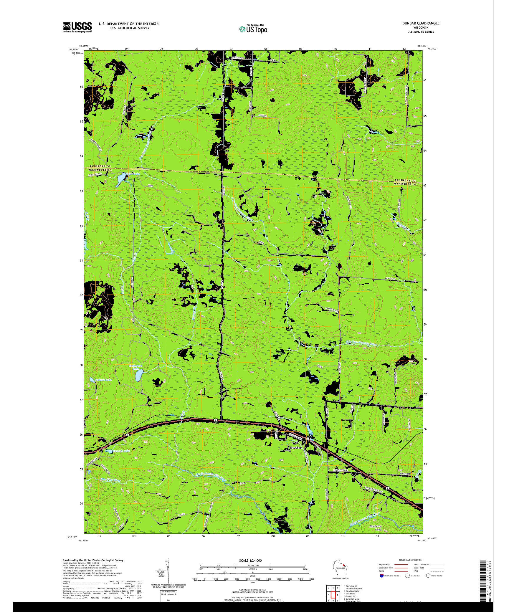 USGS US TOPO 7.5-MINUTE MAP FOR DUNBAR, WI 2018