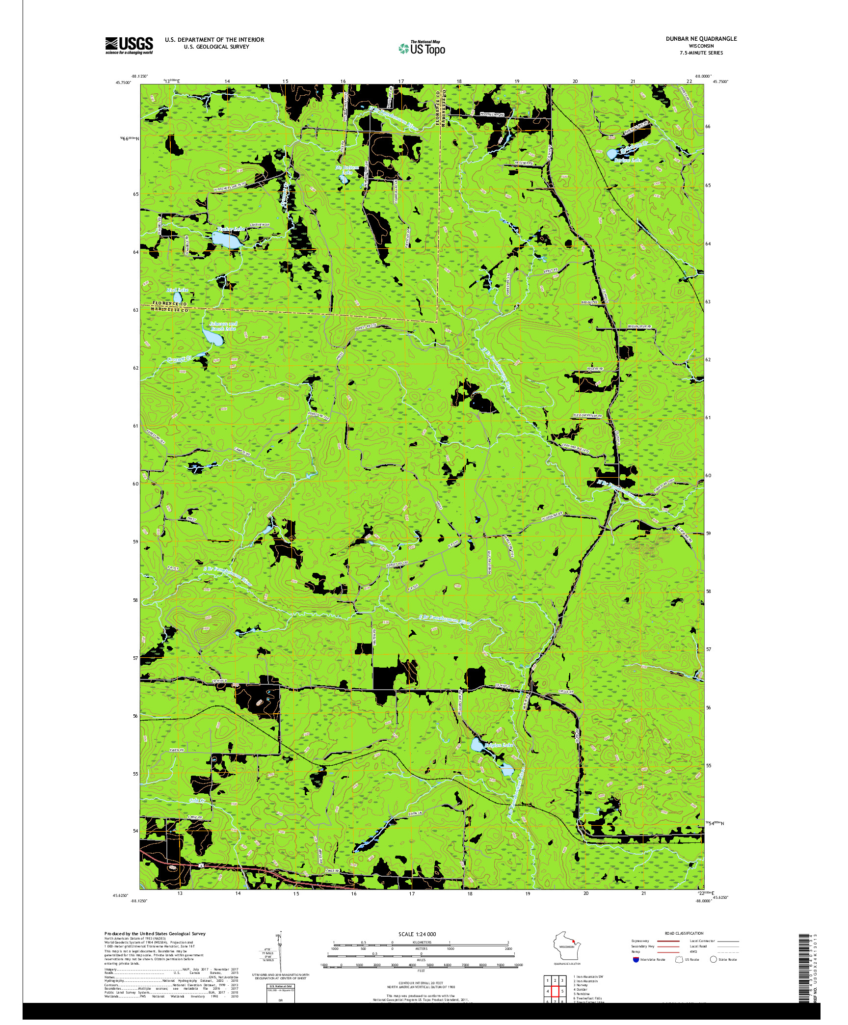 USGS US TOPO 7.5-MINUTE MAP FOR DUNBAR NE, WI 2018