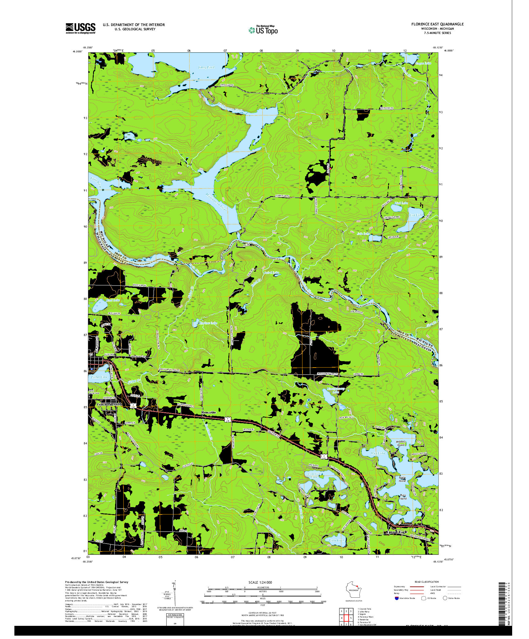 USGS US TOPO 7.5-MINUTE MAP FOR FLORENCE EAST, WI,MI 2018