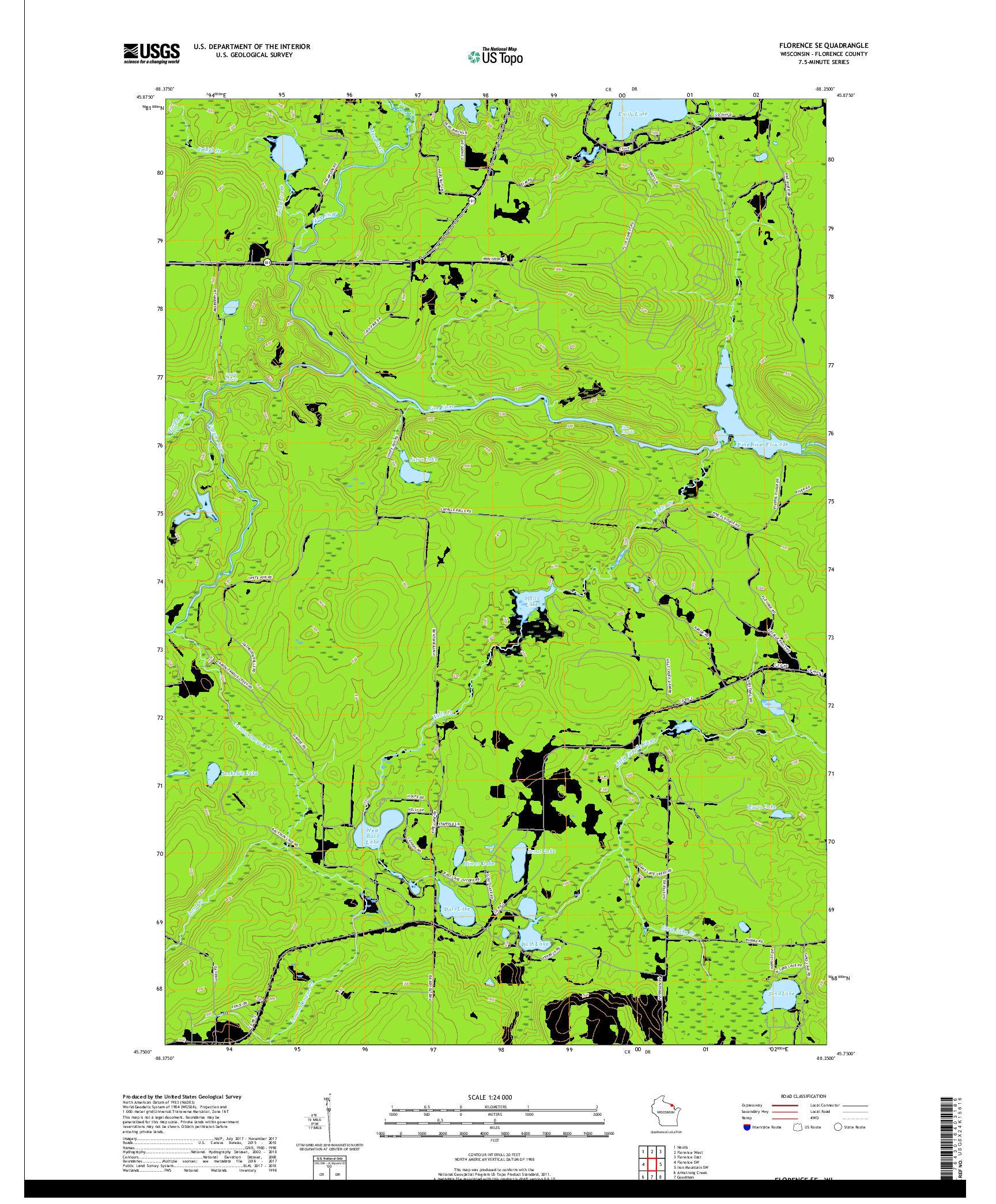 USGS US TOPO 7.5-MINUTE MAP FOR FLORENCE SE, WI 2018