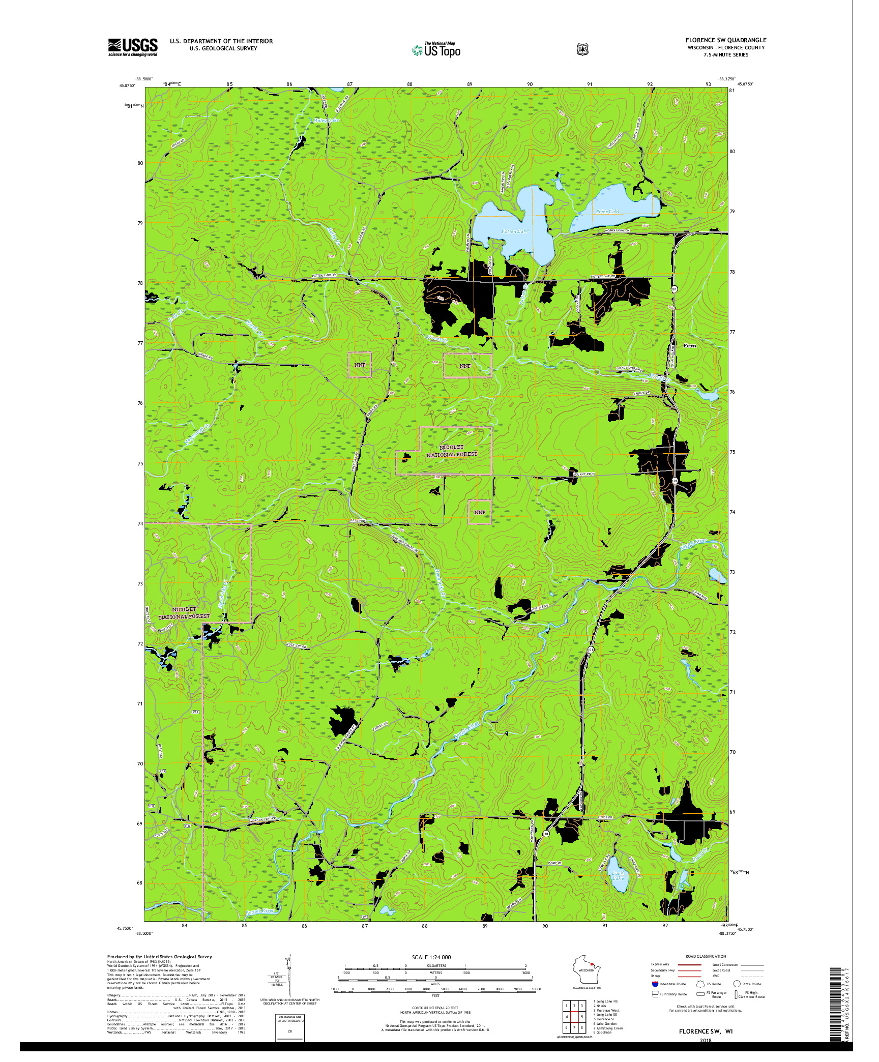 USGS US TOPO 7.5-MINUTE MAP FOR FLORENCE SW, WI 2018